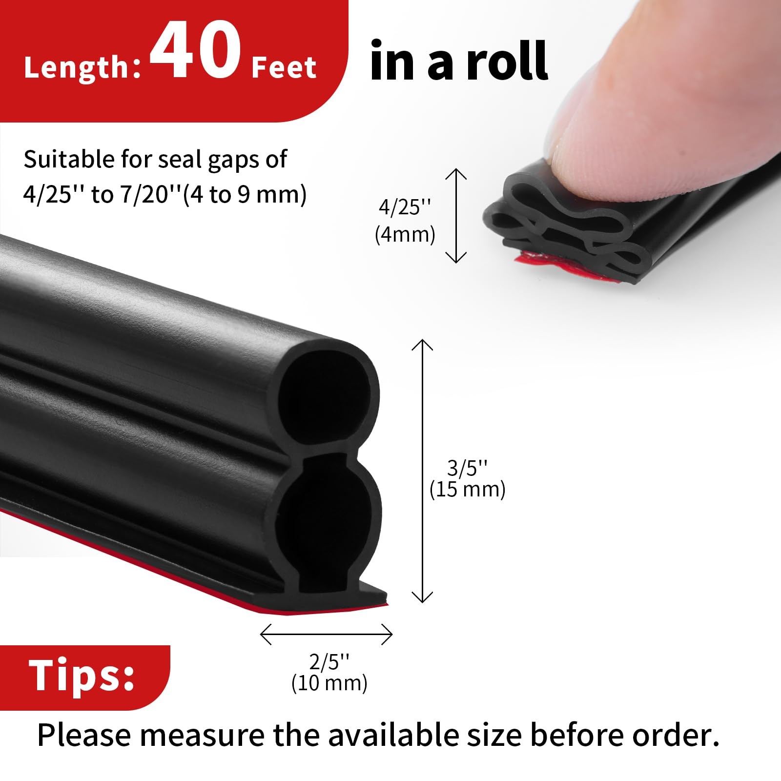 40 Feet Rubber Door Weather Stripping Door Seal Large Gap Self-Adhesive Black