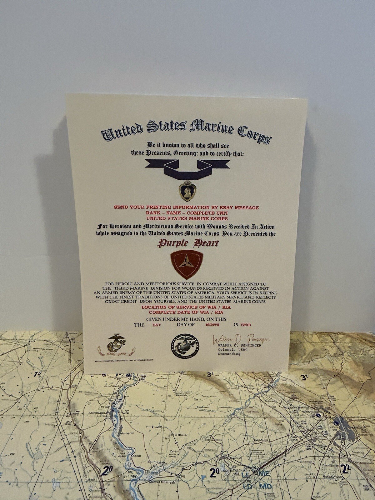 U.S.M.C. / P.H. MEDAL COMMEMORATIVE CERTIFICATE - 3RD MARINE DIVISION