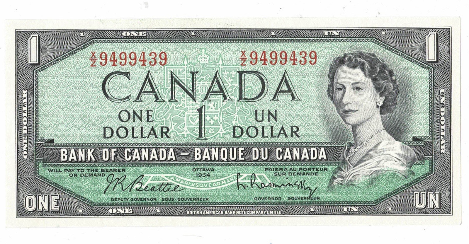 1954 Bank Of Canada 1$ Beattie/Rasminsky Modified X/Z9499439 - Chunc -