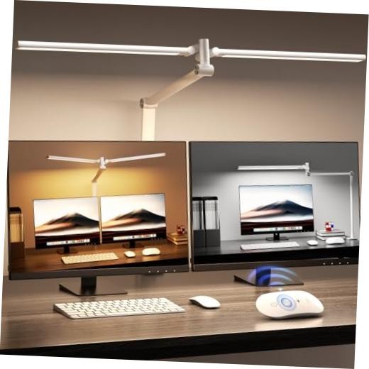 LED Desk Lamp, Double Swing Arm Wide Lighting Area Desk Large Matte White