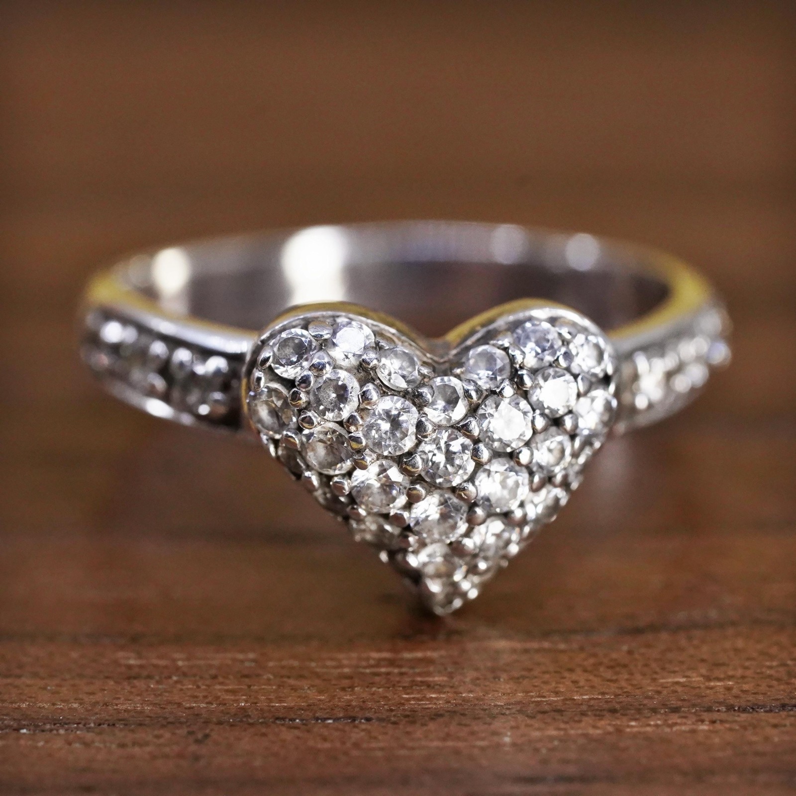 Size 6.5, vintage Sterling 925 silver heart ring with cluster cz