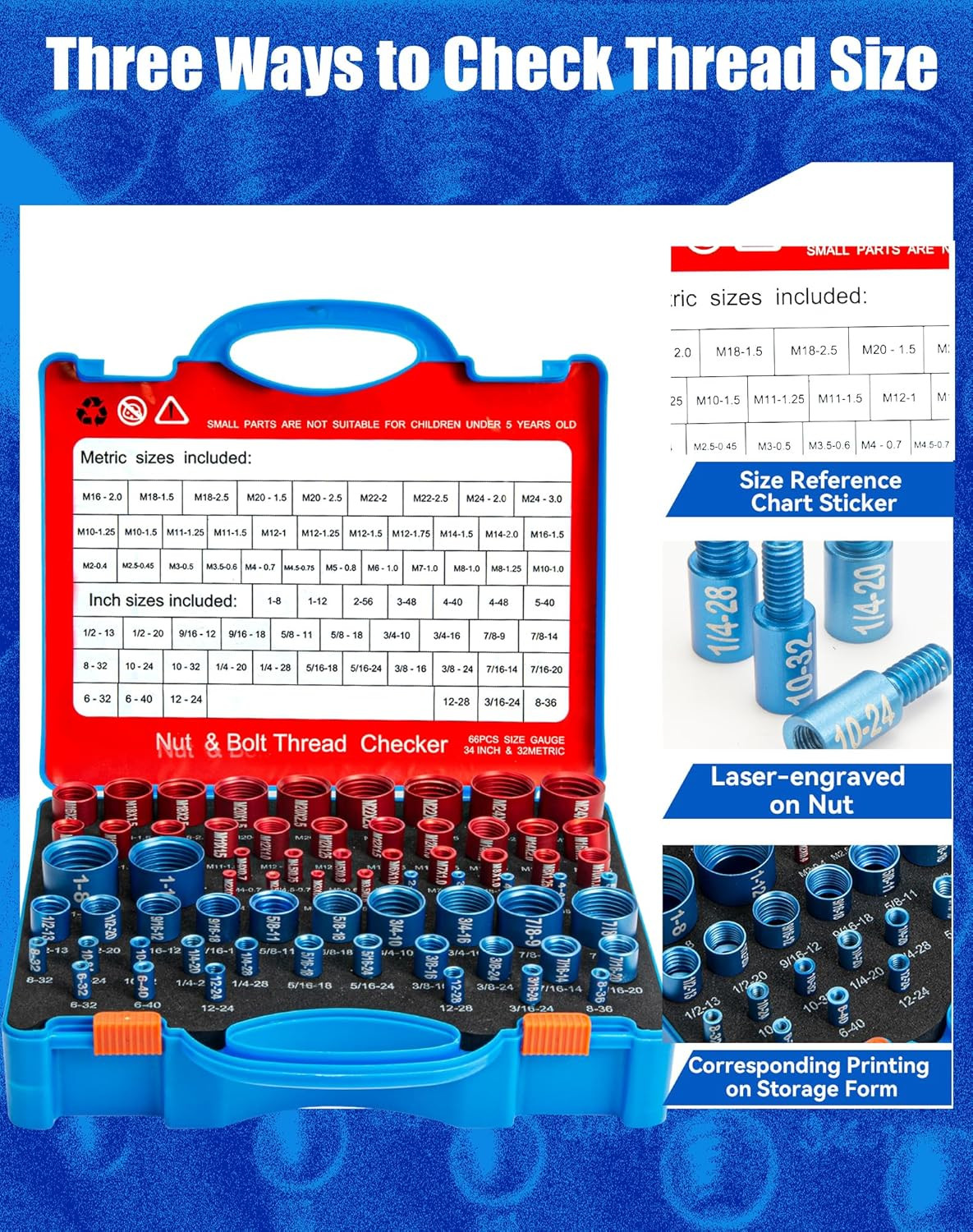66 Nut and Bolt Thread Checker with Storage Box, Thread Checker Measuring Tool(3