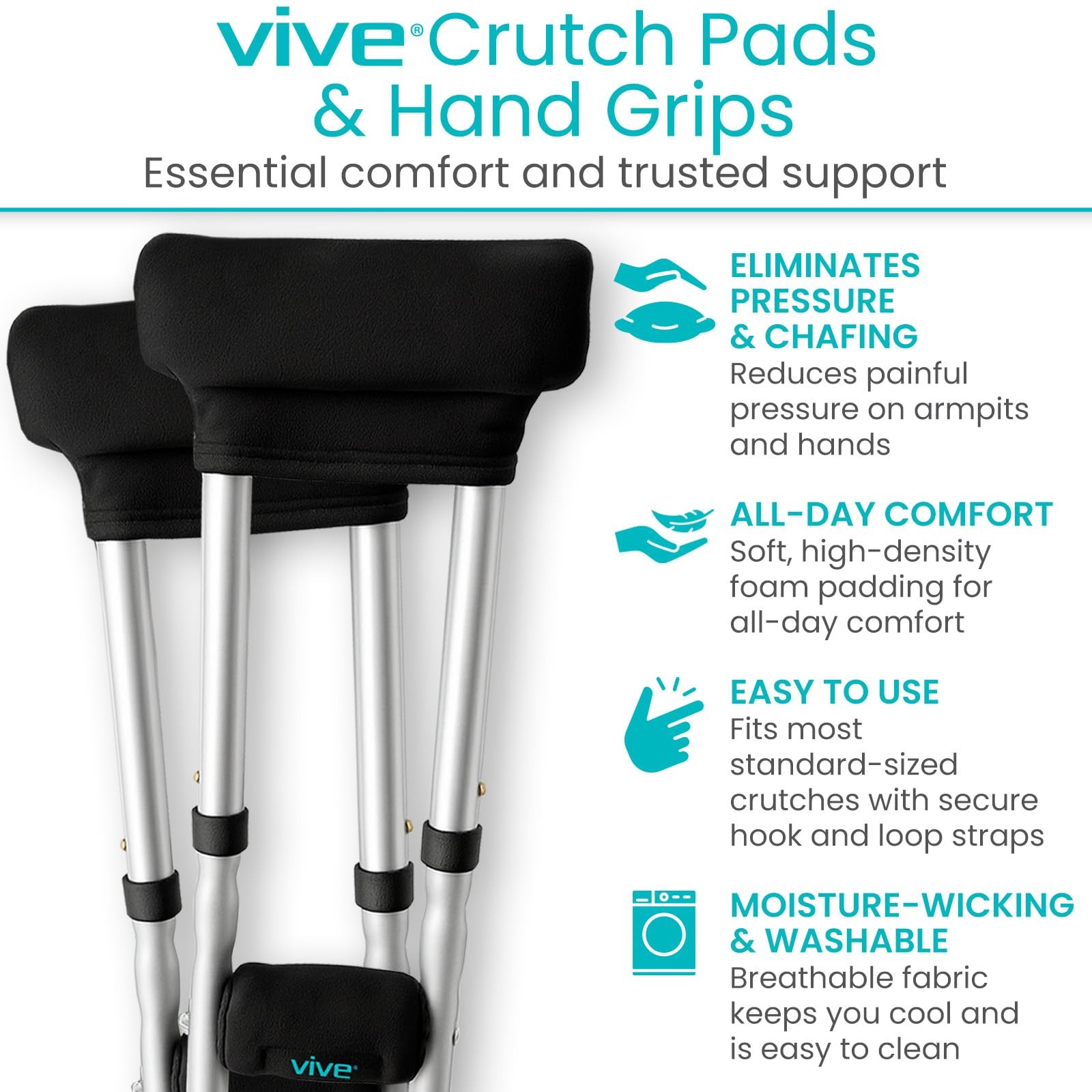 Vive Premium Crutch Pads & Hand Grips - 2 Count (Pack of 1), Black