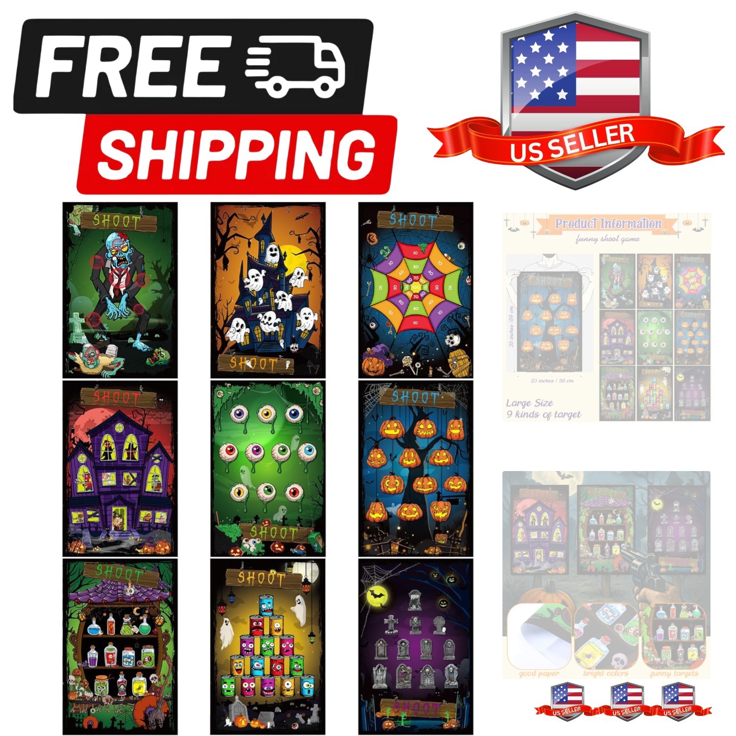 9 Pcs Halloween Circus Shooting Targets Zombie Paper Range 23" x 35'' Carniva...