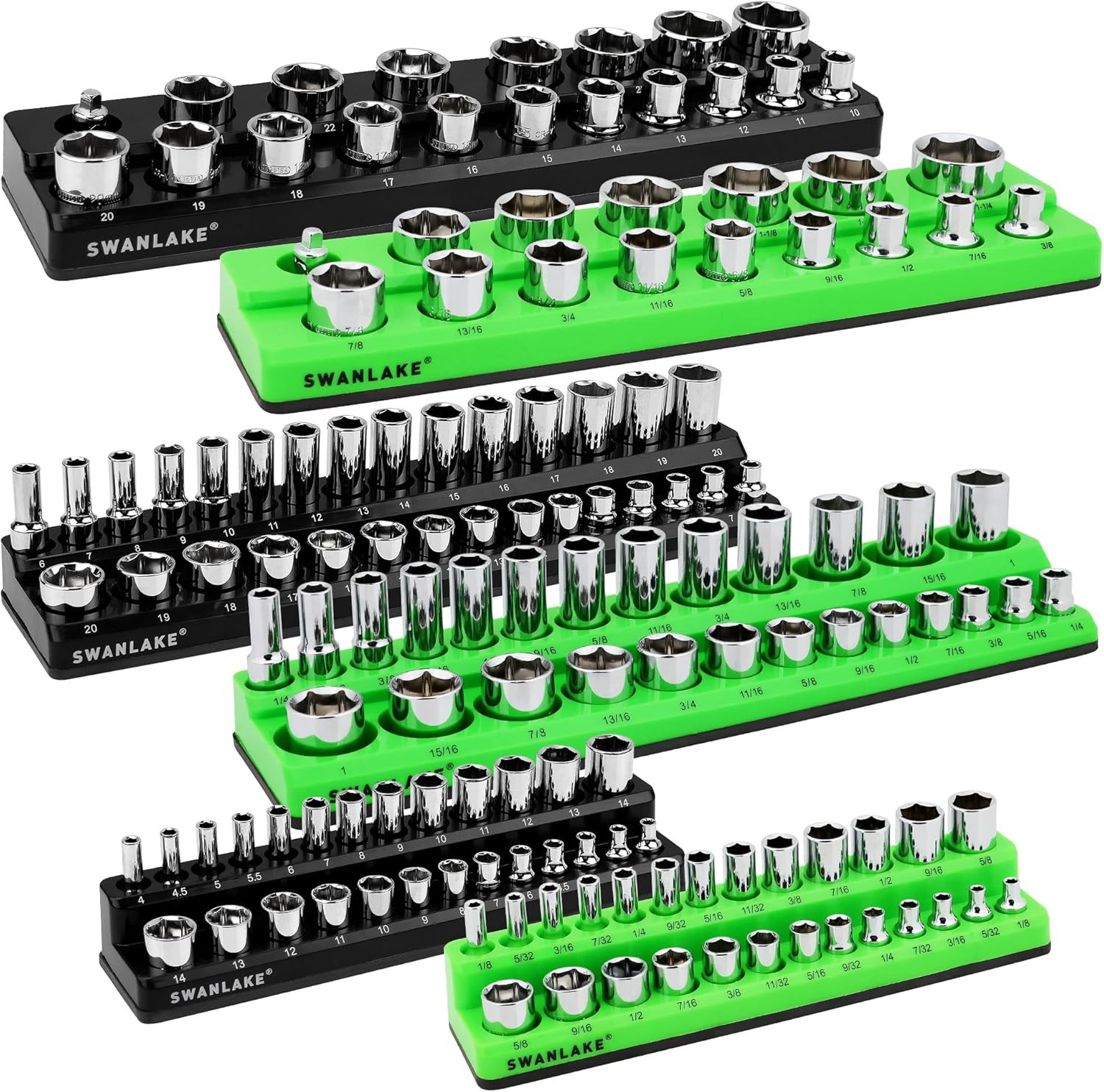 Magnetic Socket Organizer Set, 6-Piece 1/4", 3/8", 1/2" SAE & Metric Sockets Hol