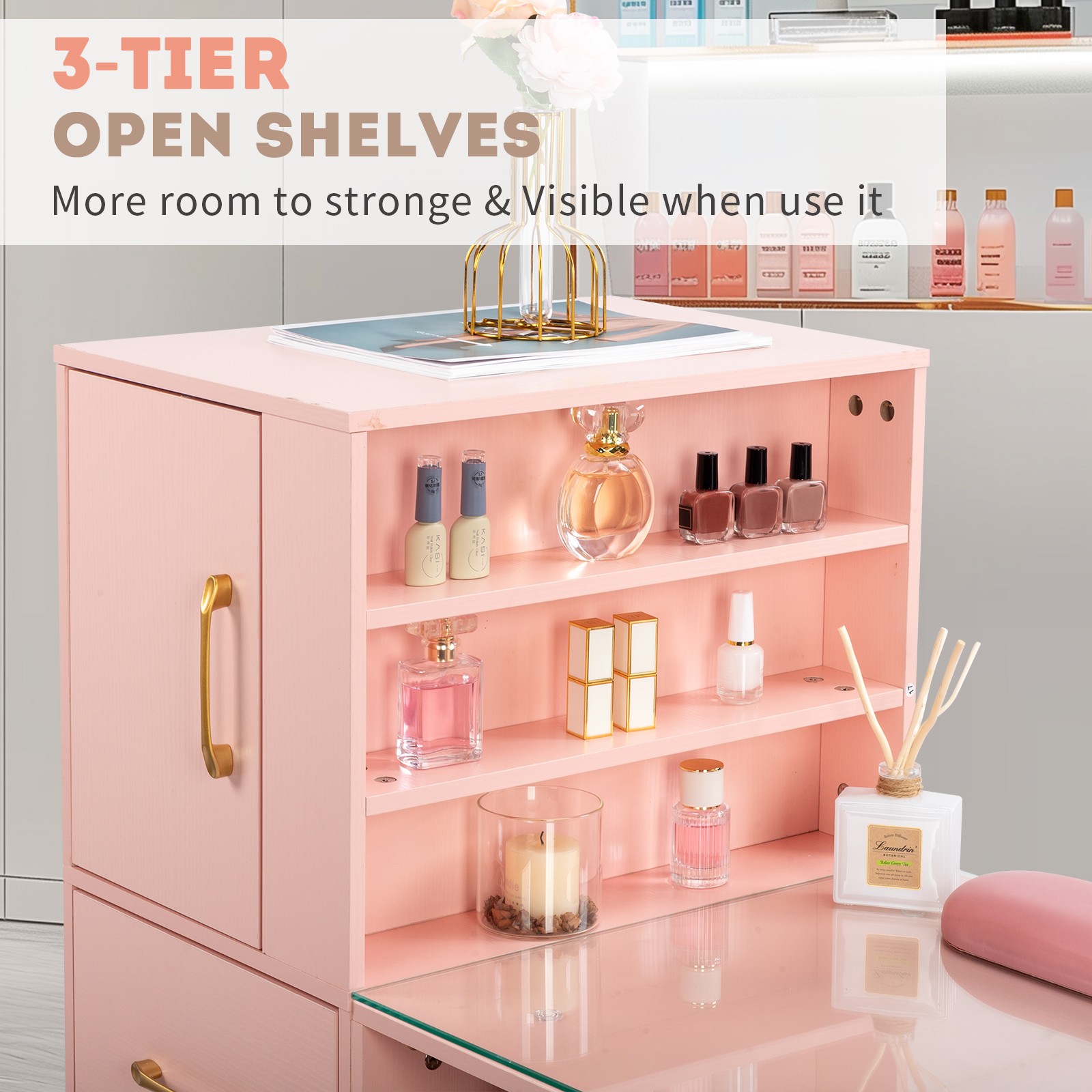 Pink Relief Nail Table w/ 3 Doors & 2 Drawers, Particle Board & Tempered Glass