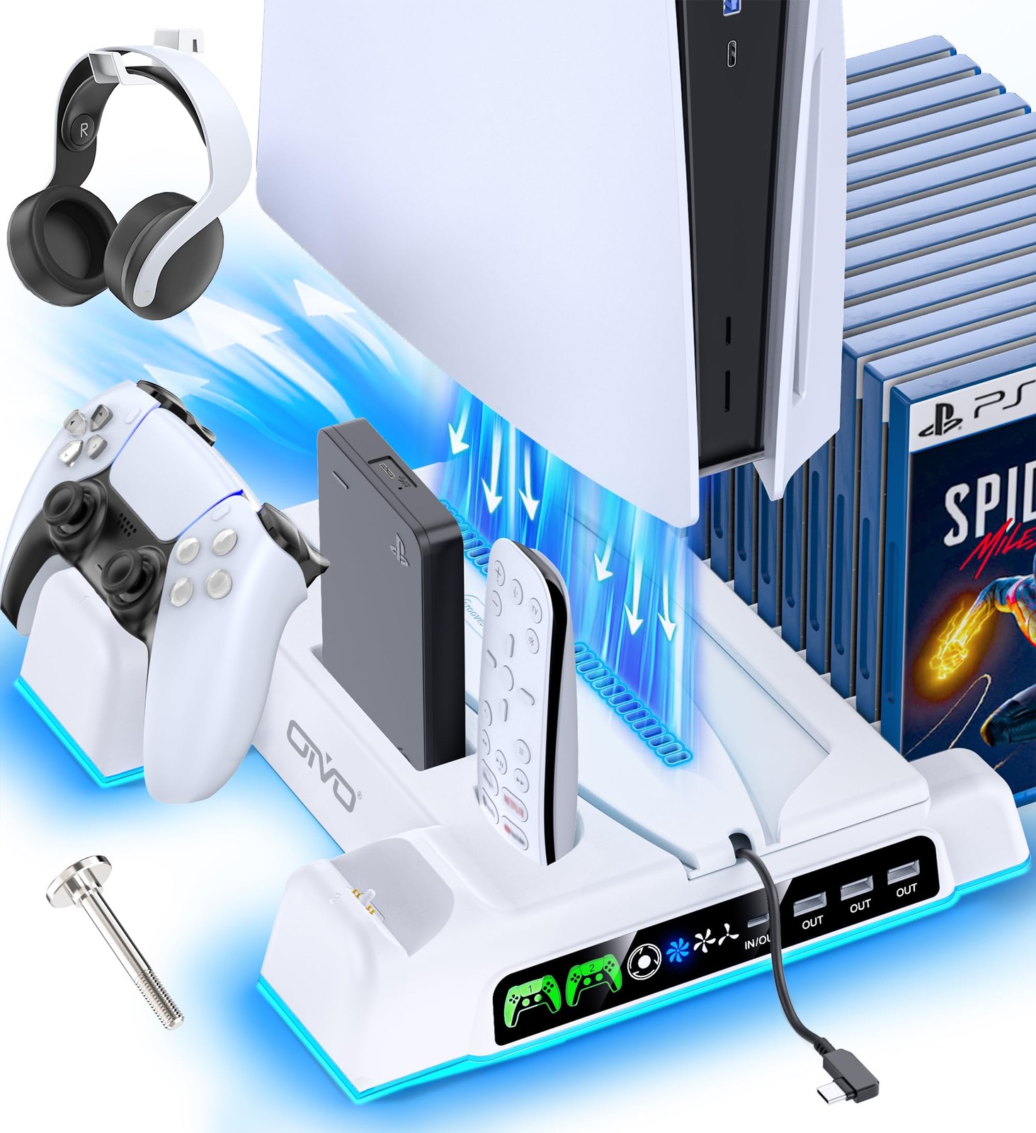 PS5/Slim/Pro Stand and Cooling Station with LED Controller Charging All White