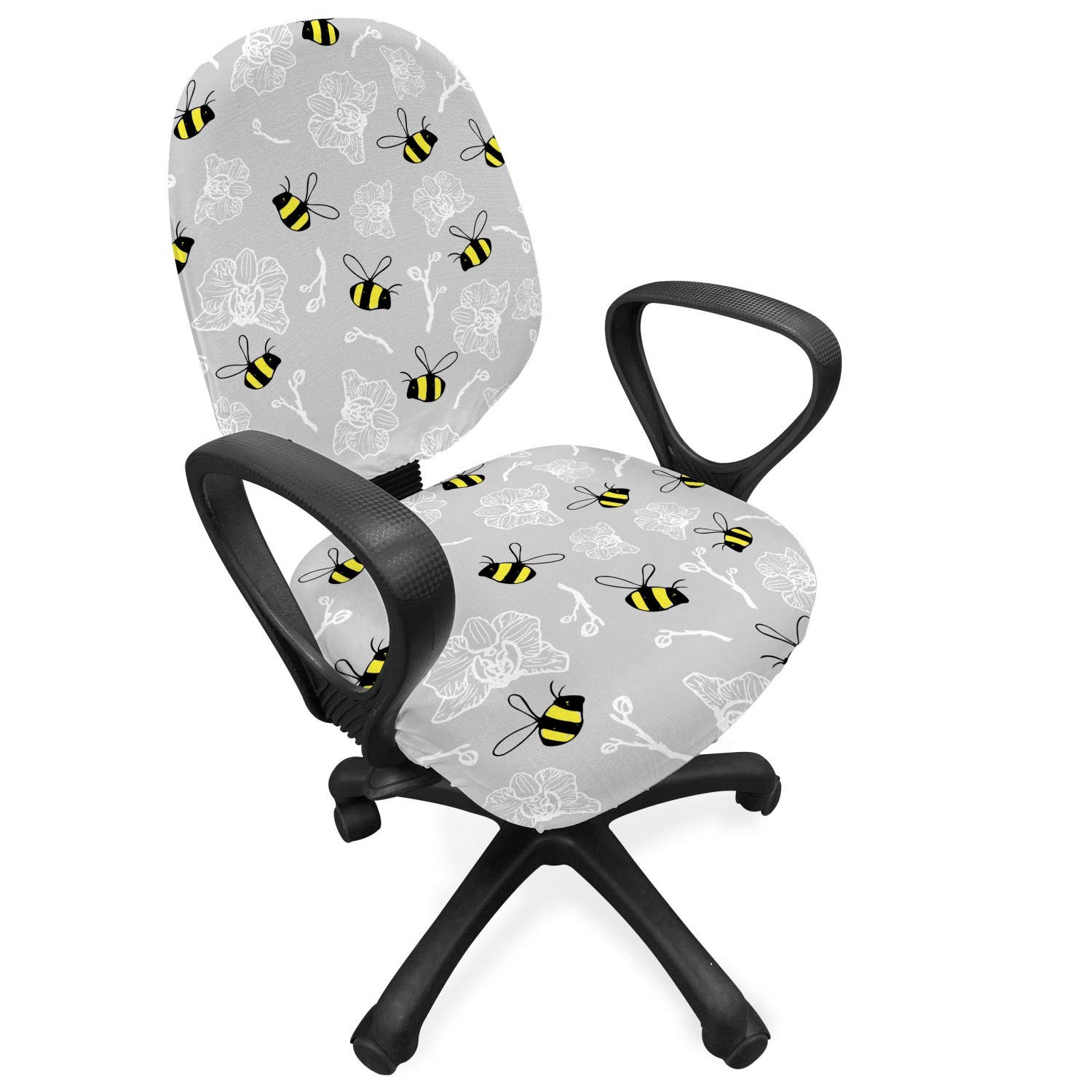 Entomology Office Chair Slipcover, Print of Bumblebee Buzzing Around Orchids,...