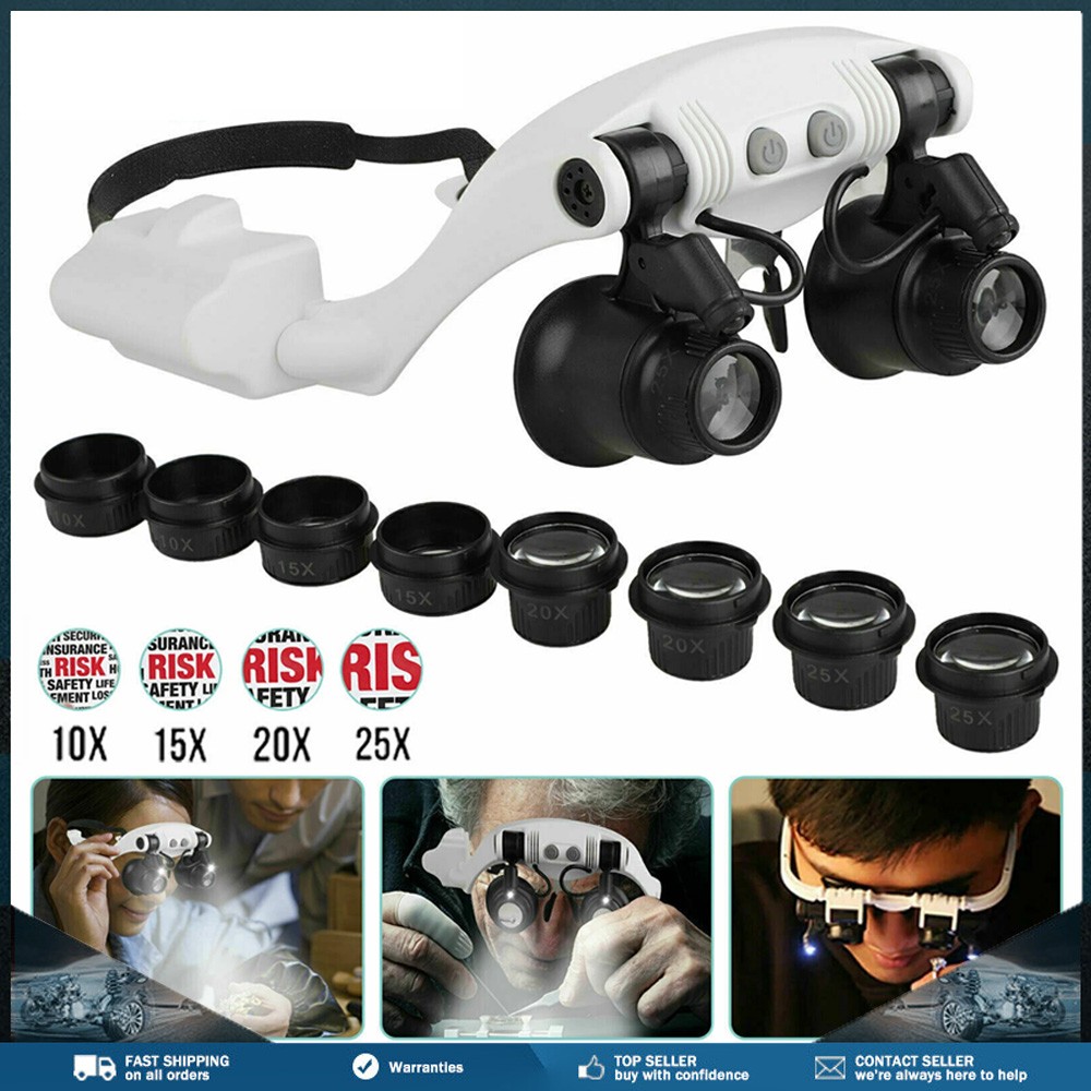 Double Eye Magnifier Headband Magnifying Glasses With LED Light 8 Lens Loupe