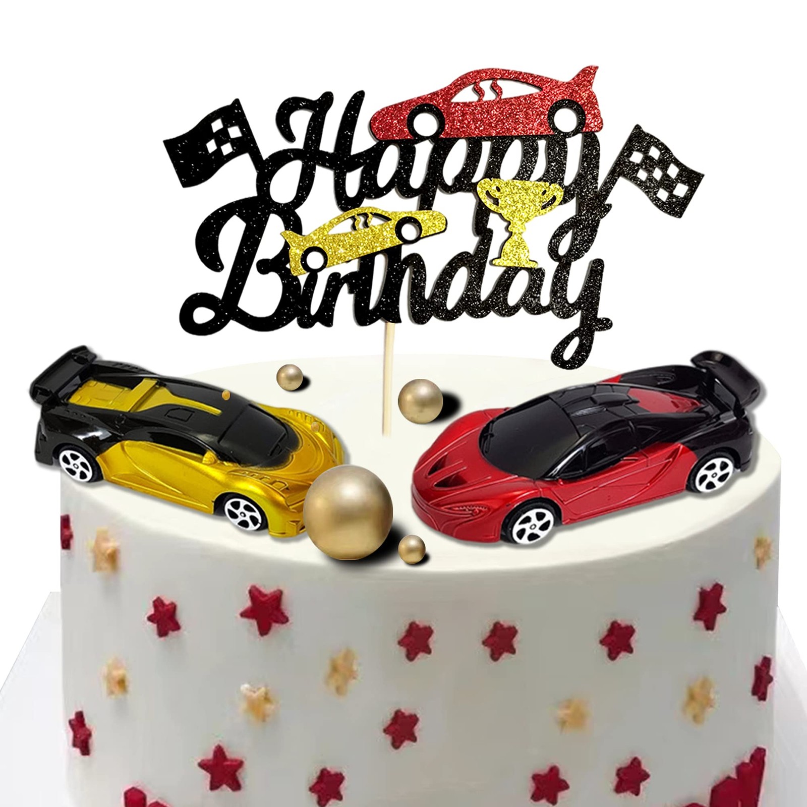 Cars Cake Topper Model Racing Car Chequered Flag Sports Themed Birthday Decor...