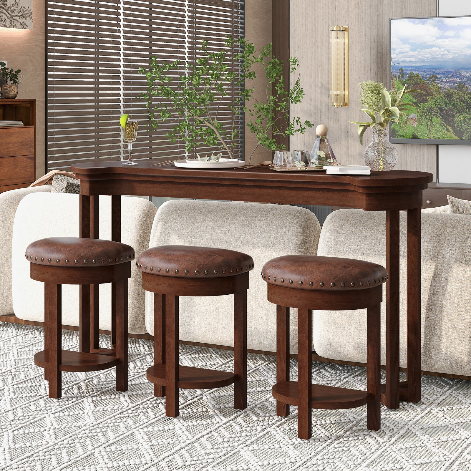 4 Piece Bar Table Set w/3 PU Upholstered Bar Stools, Breakfast Table Living Room