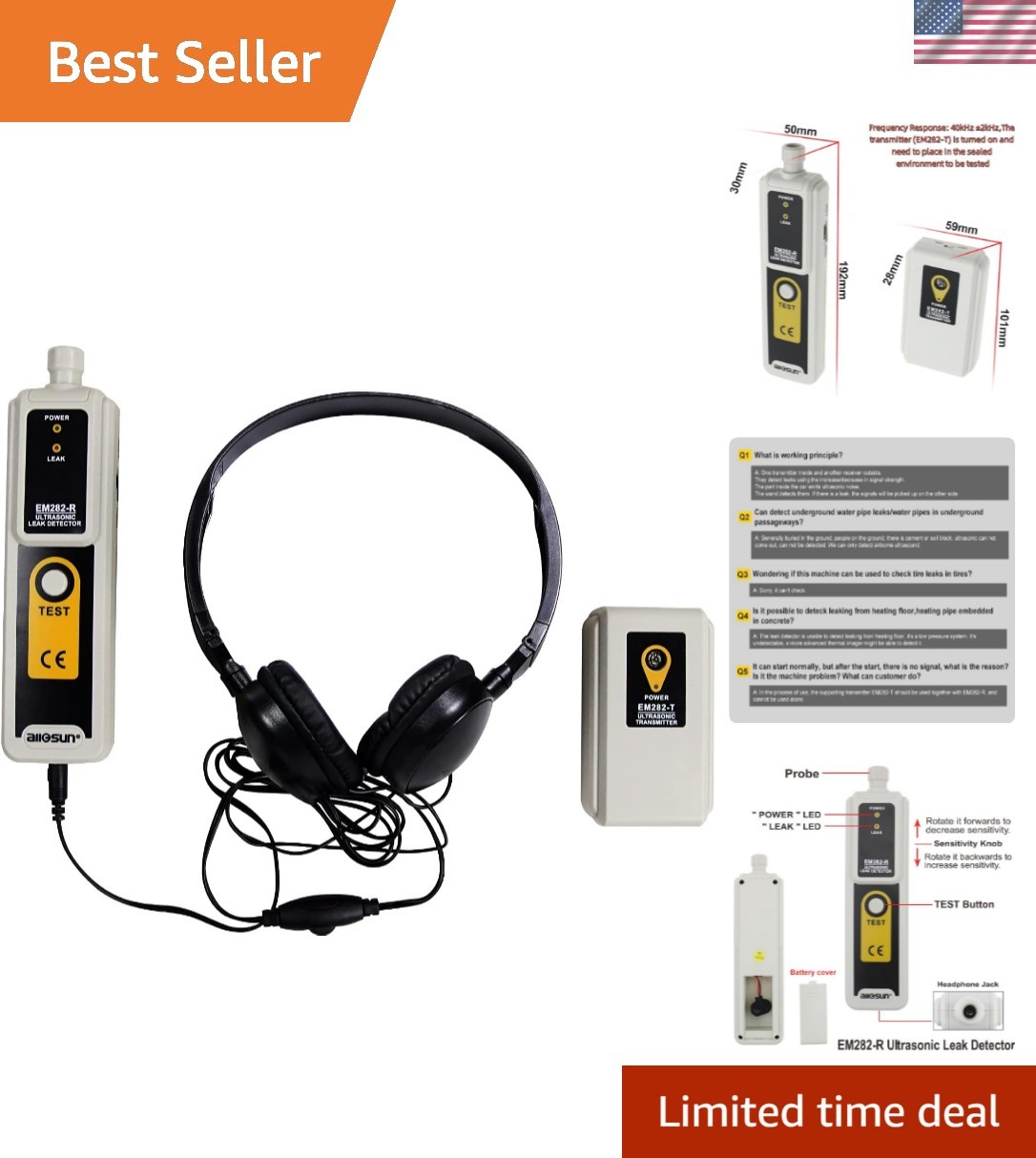 Ultrasonic Leak Detector - 40kHz Air Monitor with LED Alerts - Battery Powered