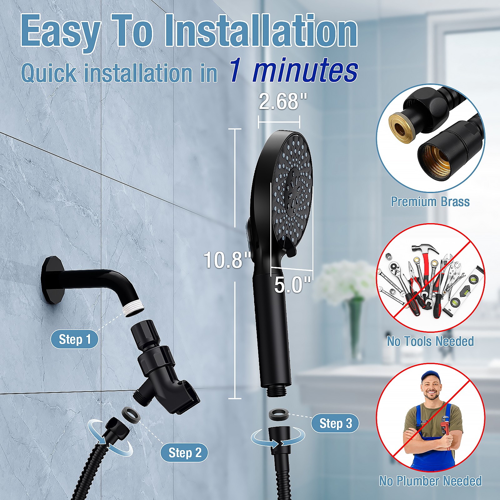 High Pressure Filtered Shower Head with Handheld Adjustable Bracket Matte Black