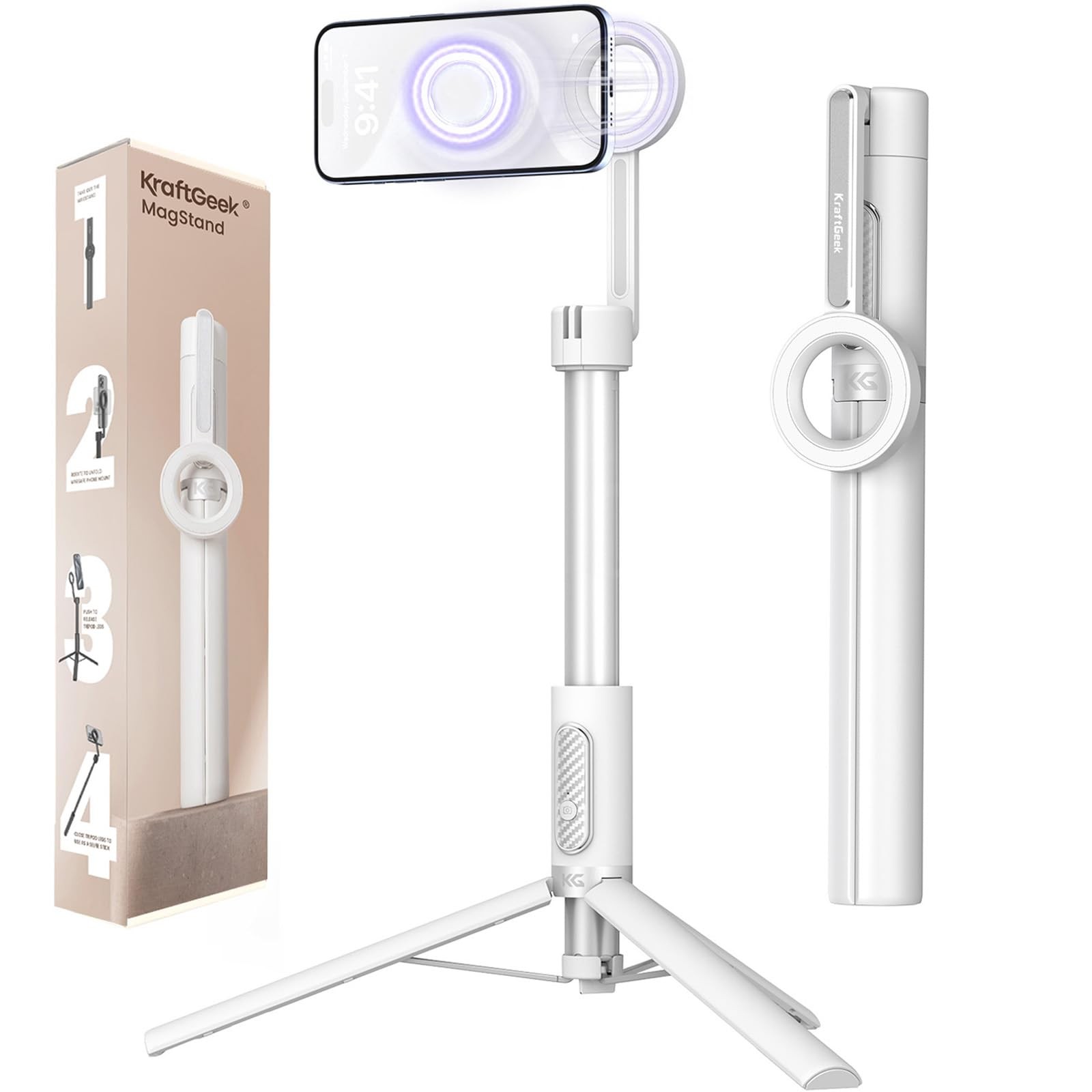 KraftGeek Magnetic Phone Tripod for iPhone Magsafe, 64 Inches-White, White