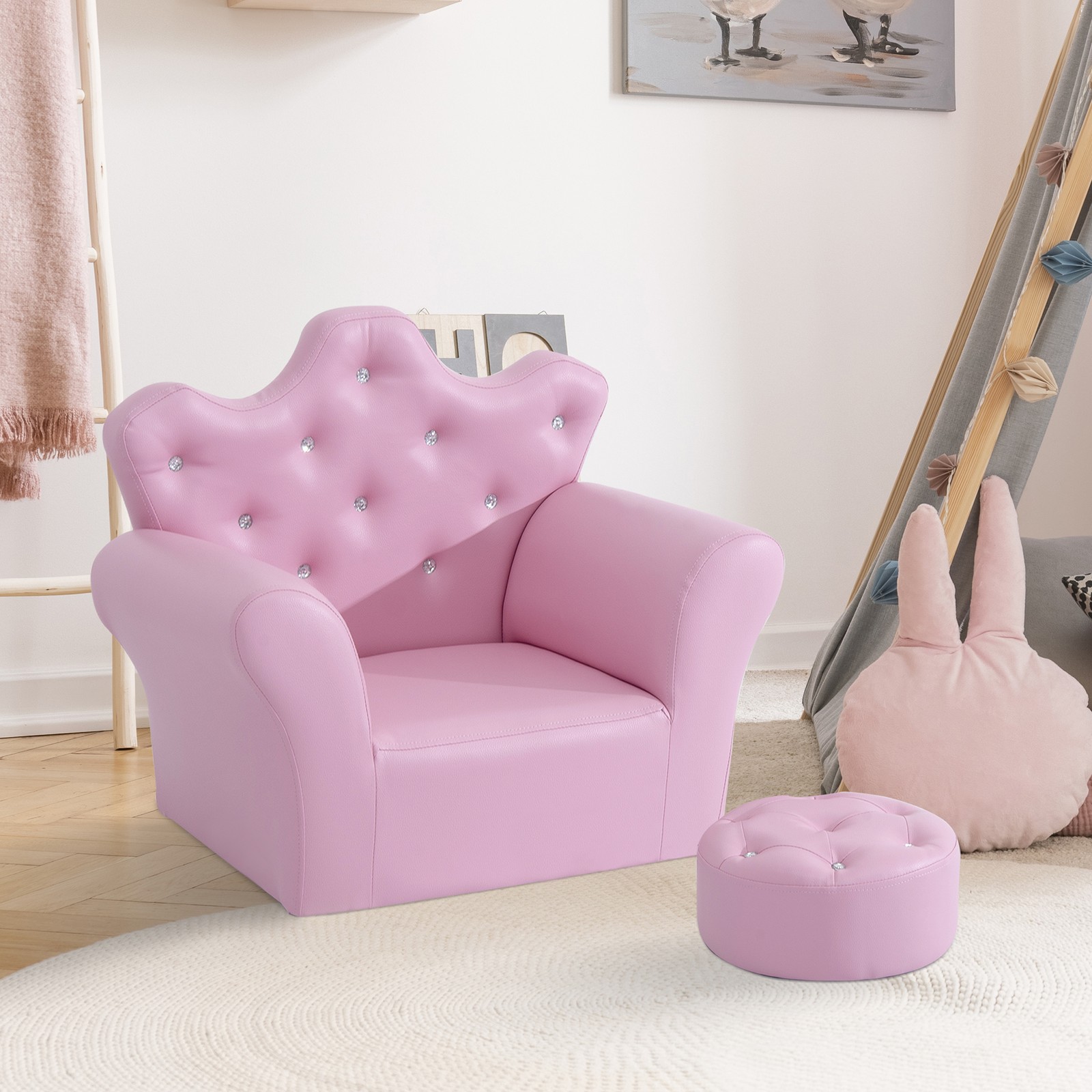 Kids Sofa Set, Children's Upholstered Sofa with Footstool, Princess Sofa