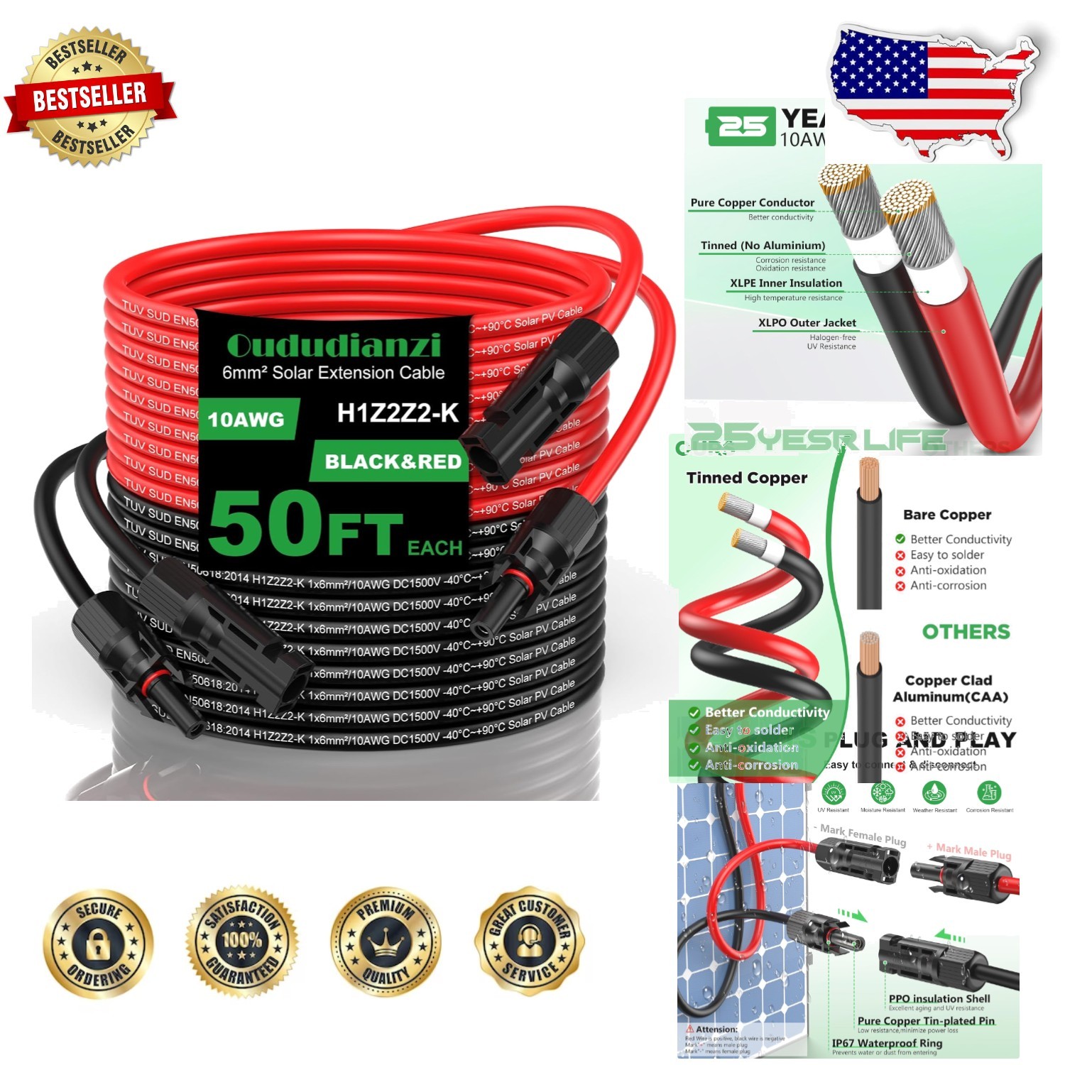 50ft 10 Gauge Solar Panel Wire - Tinned Copper, XLPE Insulation, 1500V DC