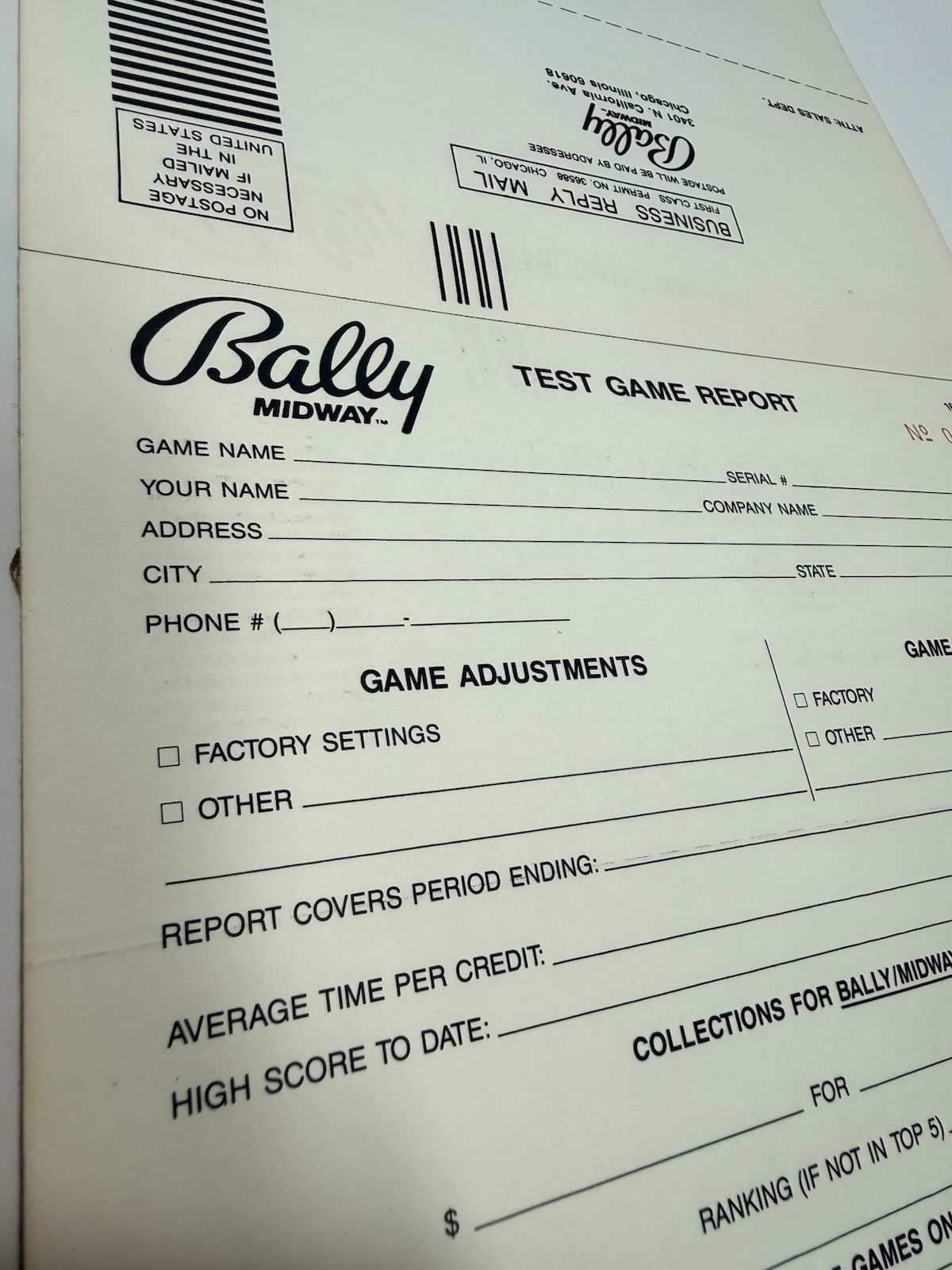 Vintage BALLY/MIDWAY Master Test Report Pinball