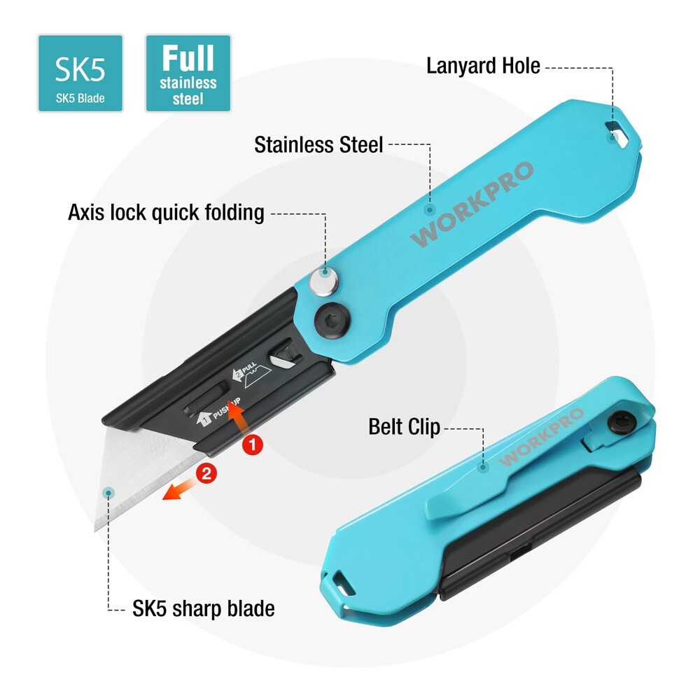 WORKPRO EDC Folding Utility Knife, Mini Box Cutter with Quick Open Axis Lock 2PC