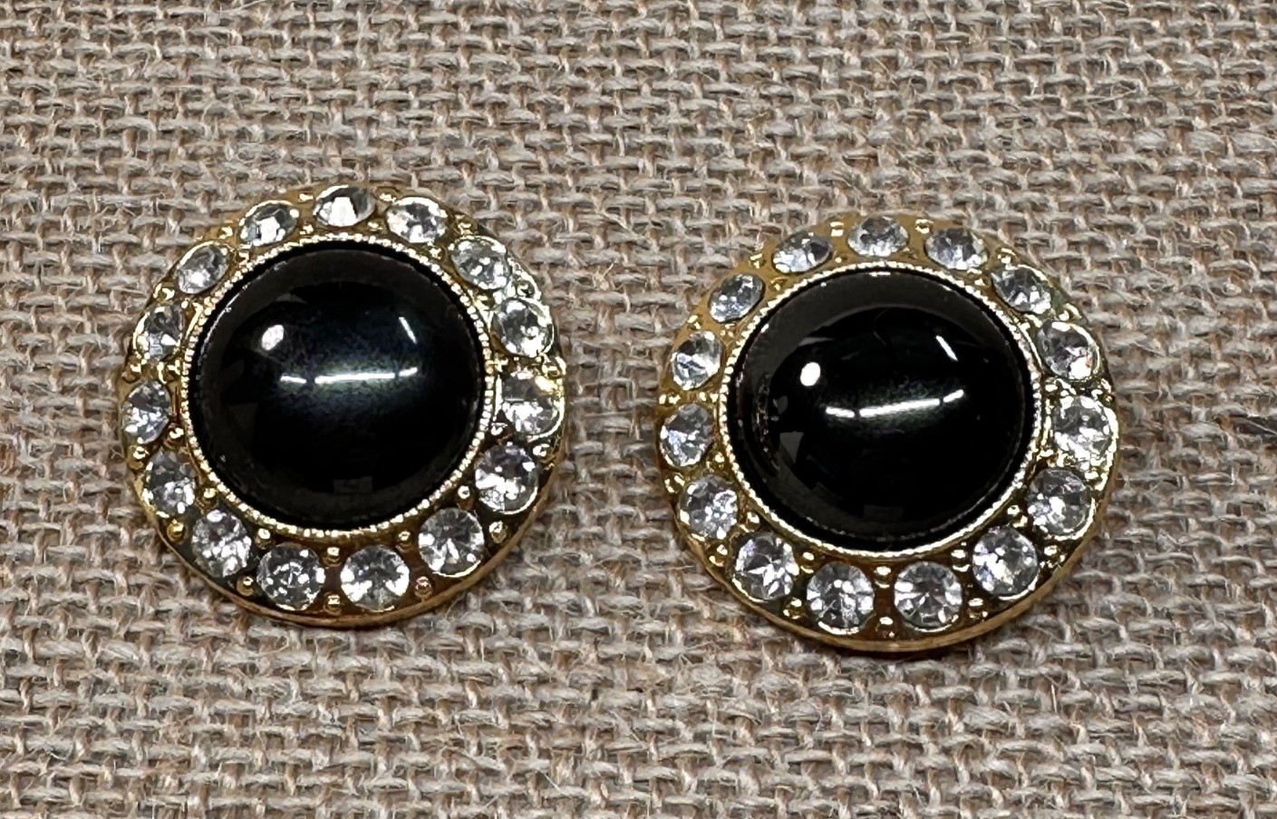 Vintage Goldtone Faux Black Onyx and Crystal Button Clip Earrings