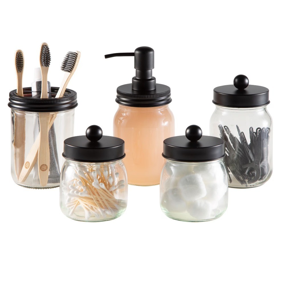 5-Piece Mason Jar Bathroom Accessories Set with Lids (Black)