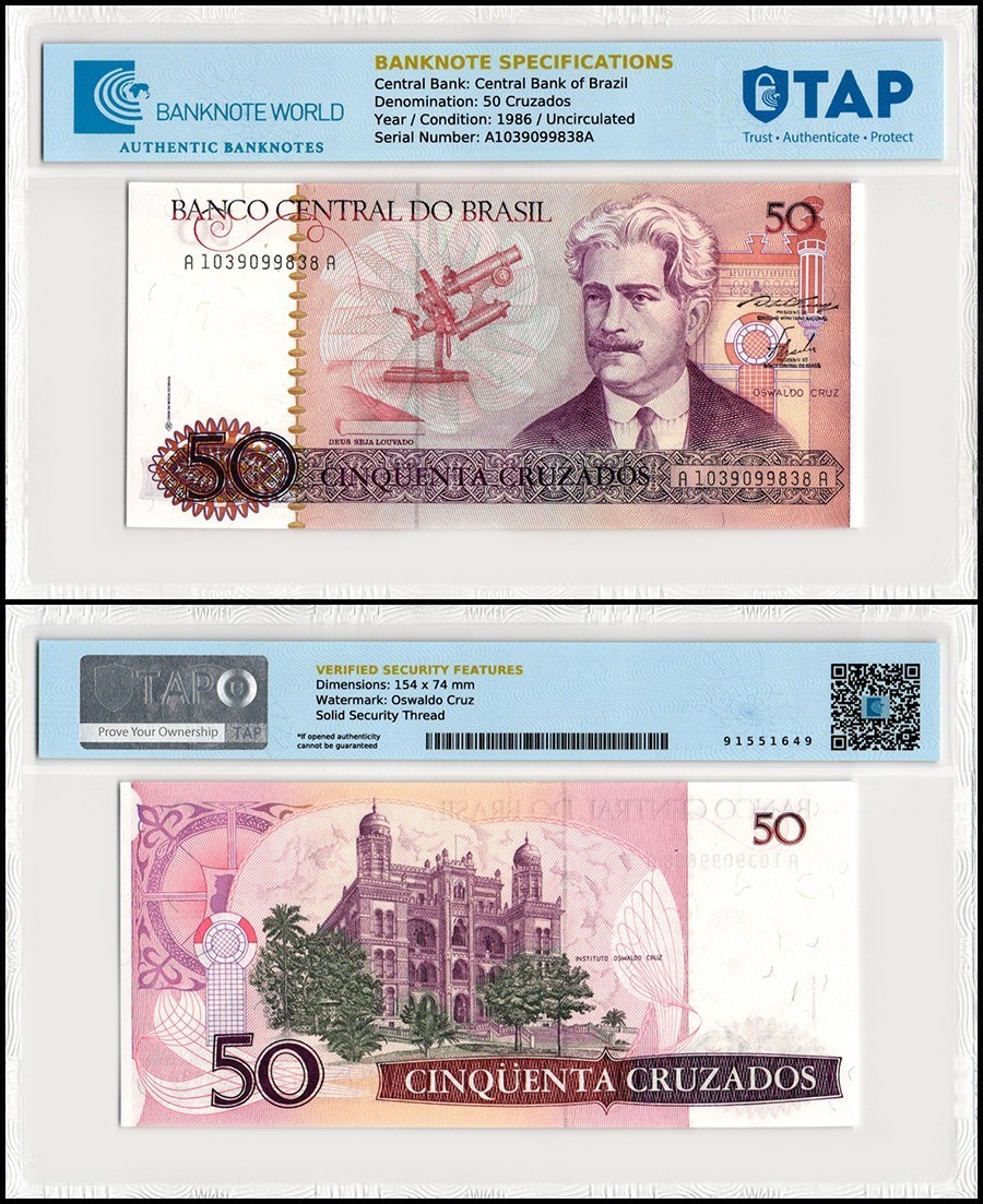 Brazil 50 Cruzados, 1980-1986, P-210a, UNC, TAP Authenticated