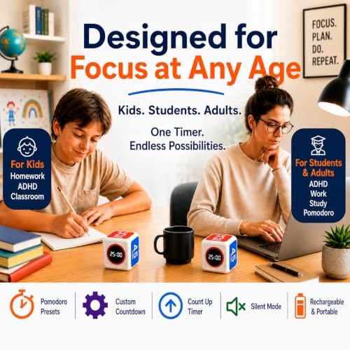 Visual Timer for Kids & Adults – Pomodoro Timer Cube with 5/10/25/45 Min