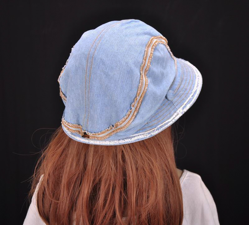 M196 Blue Nice Stripes Jeans Cotton Sun Hat Brim Cap Bucket Summer Women's NWT
