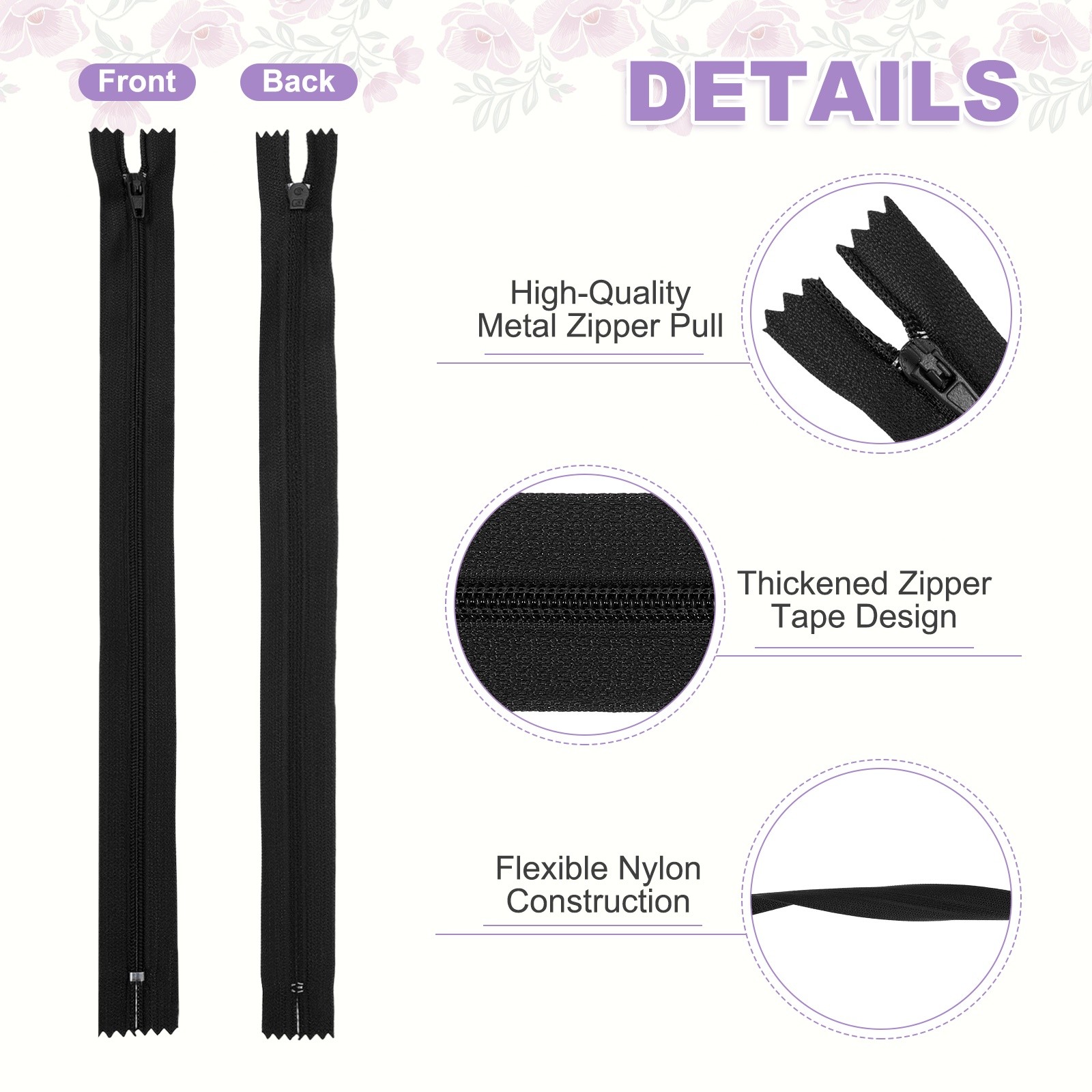 13 Inch Nylon Coil Zippers, #3 Black Sewing Zippers,Pack of 22