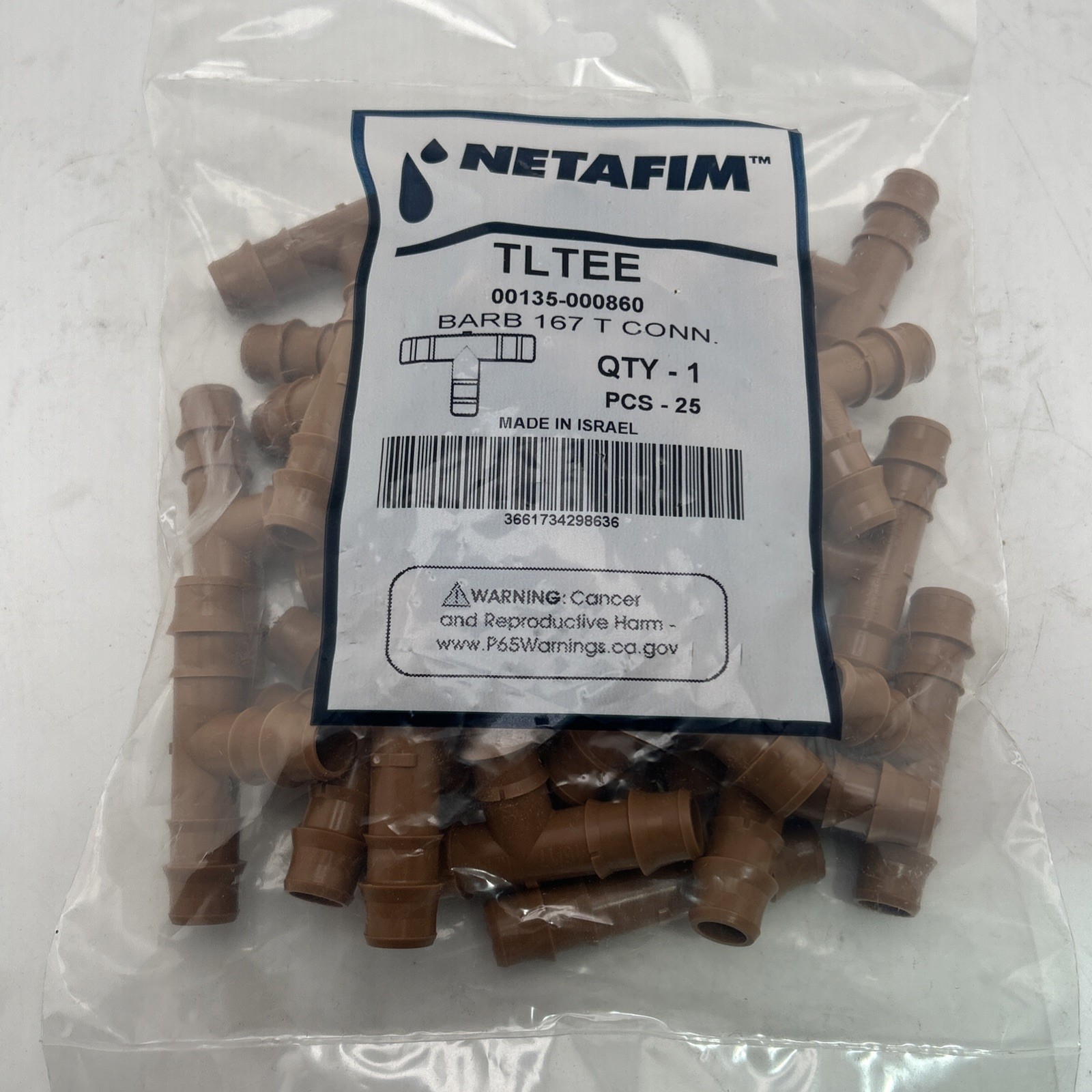 Netafim Barb 167 Tee adapter drip irrigation 1/2" 25 pack TLTee  UV resistant