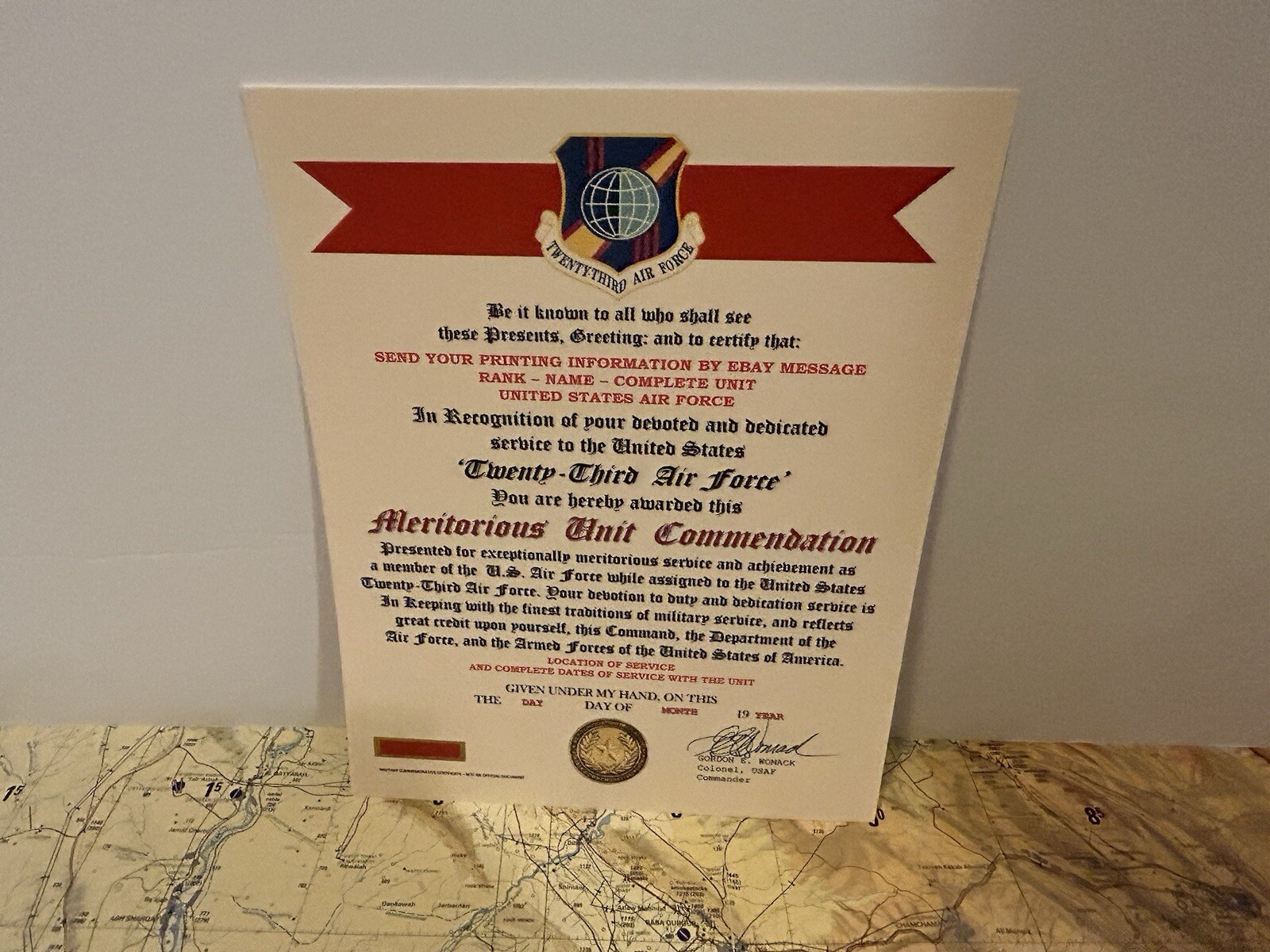 U.S. AIR FORCE / 23RD AIR FORCE - MERITORIOUS UNIT COMMENDATION CERTIFICATE