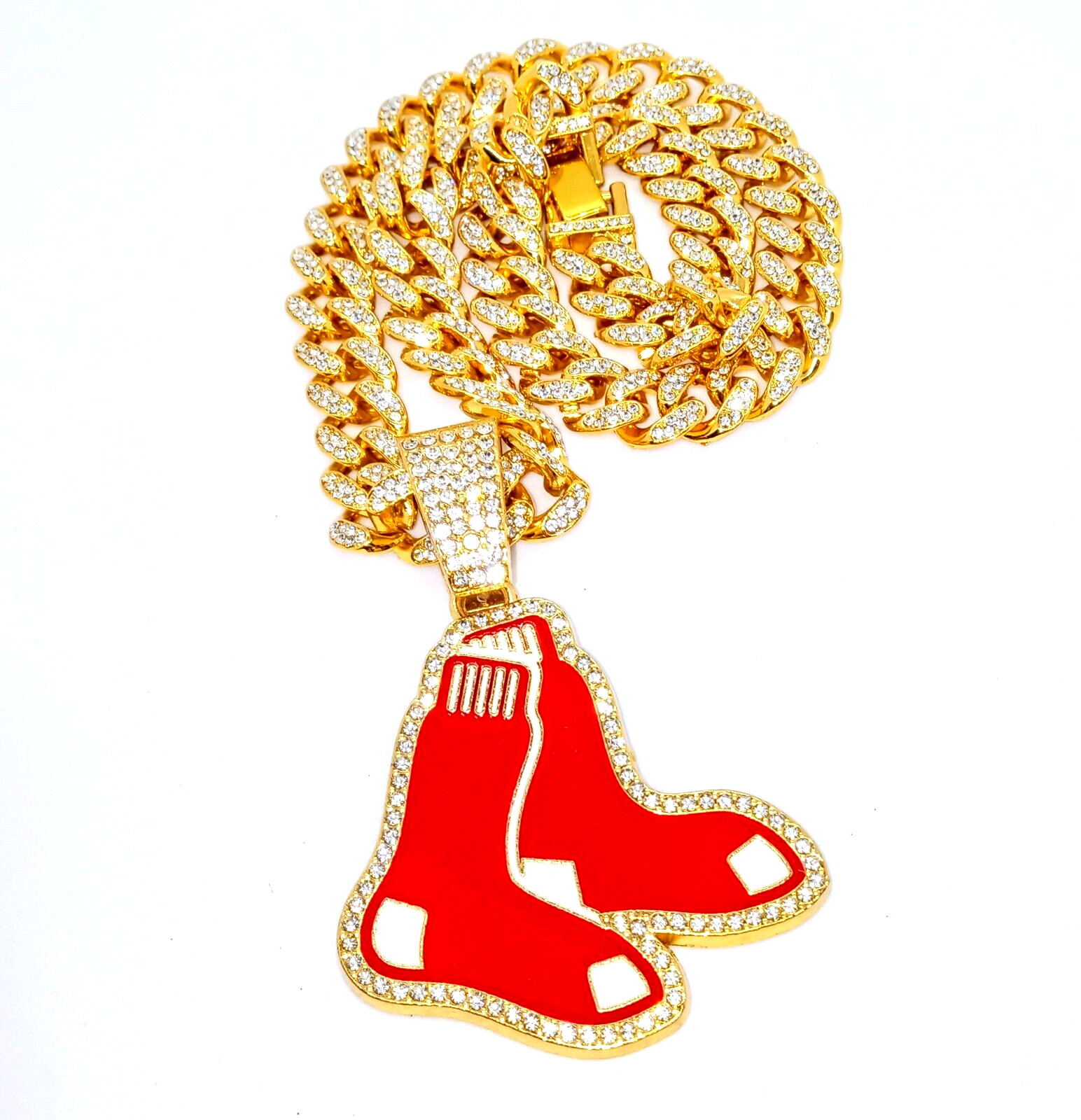 BOSTON RED SOX GEM NECKLACE Gold Hip Hop MLB Team Bling Pendant & 20" Chain