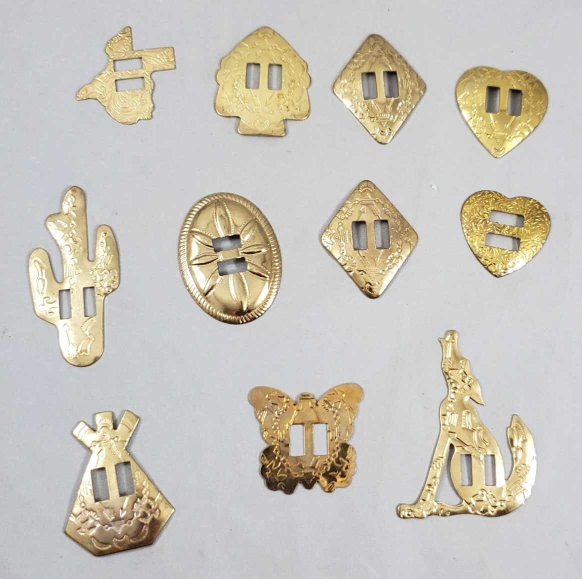 Lot of 11 Mixed Style Brass Tone Slotted Conchos Western Cactus Butterfly Coyote
