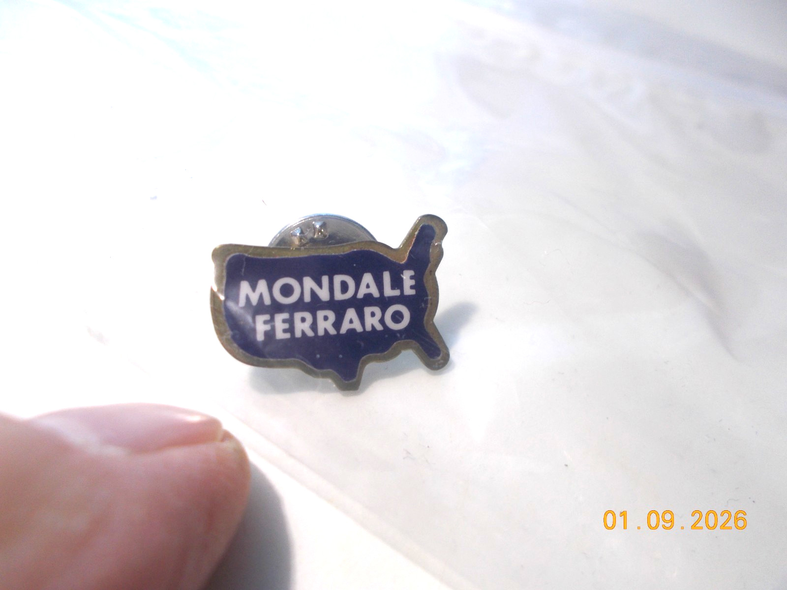 Mondale Ferraro Pinback, USA CONUS Shaped, Embossed on back = Union Made