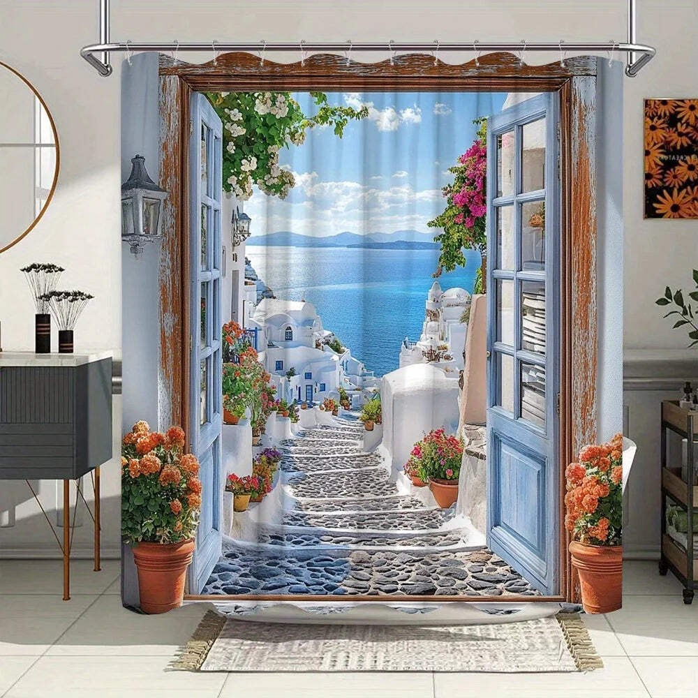 Greek Island Shower Curtain - White Buildings, Azure Sea & Flowers, Vibrant Medi