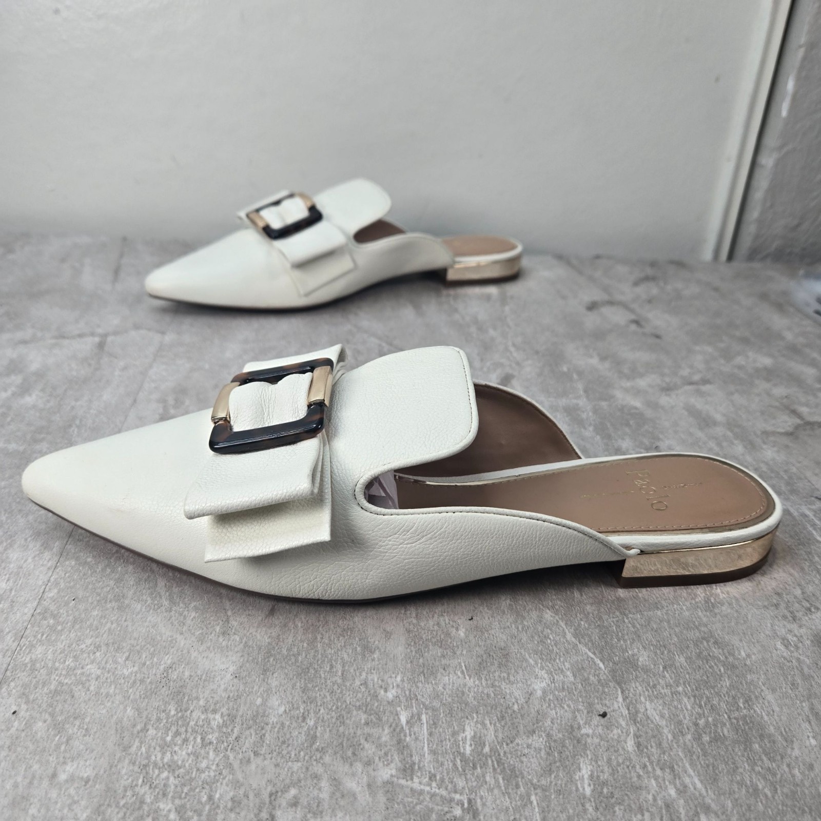 Linea Paolo Pointed Mule Shoes Size 9.5 White Leather Bow Flat Dressy Old Money