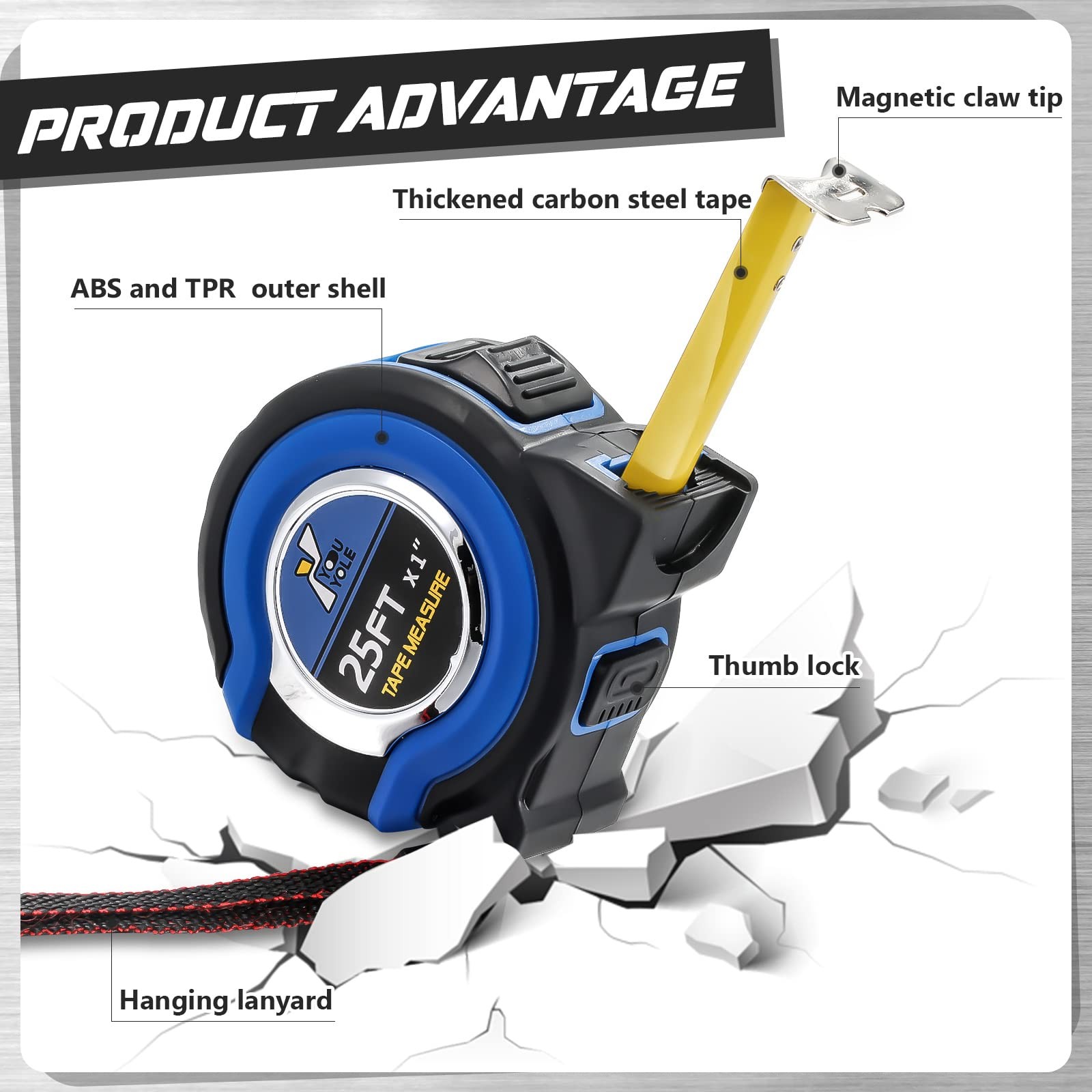 Youyole 24 Pack Tape Measure with Fractions 1/8 Steel 25 ft X 1 in, Blue