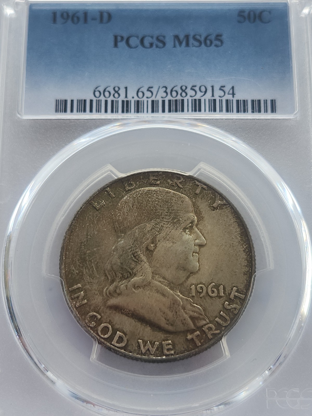 1961-D Silver Uncirculated Franklin Half Dollar, PCGS MS65 Toned Free Shipping