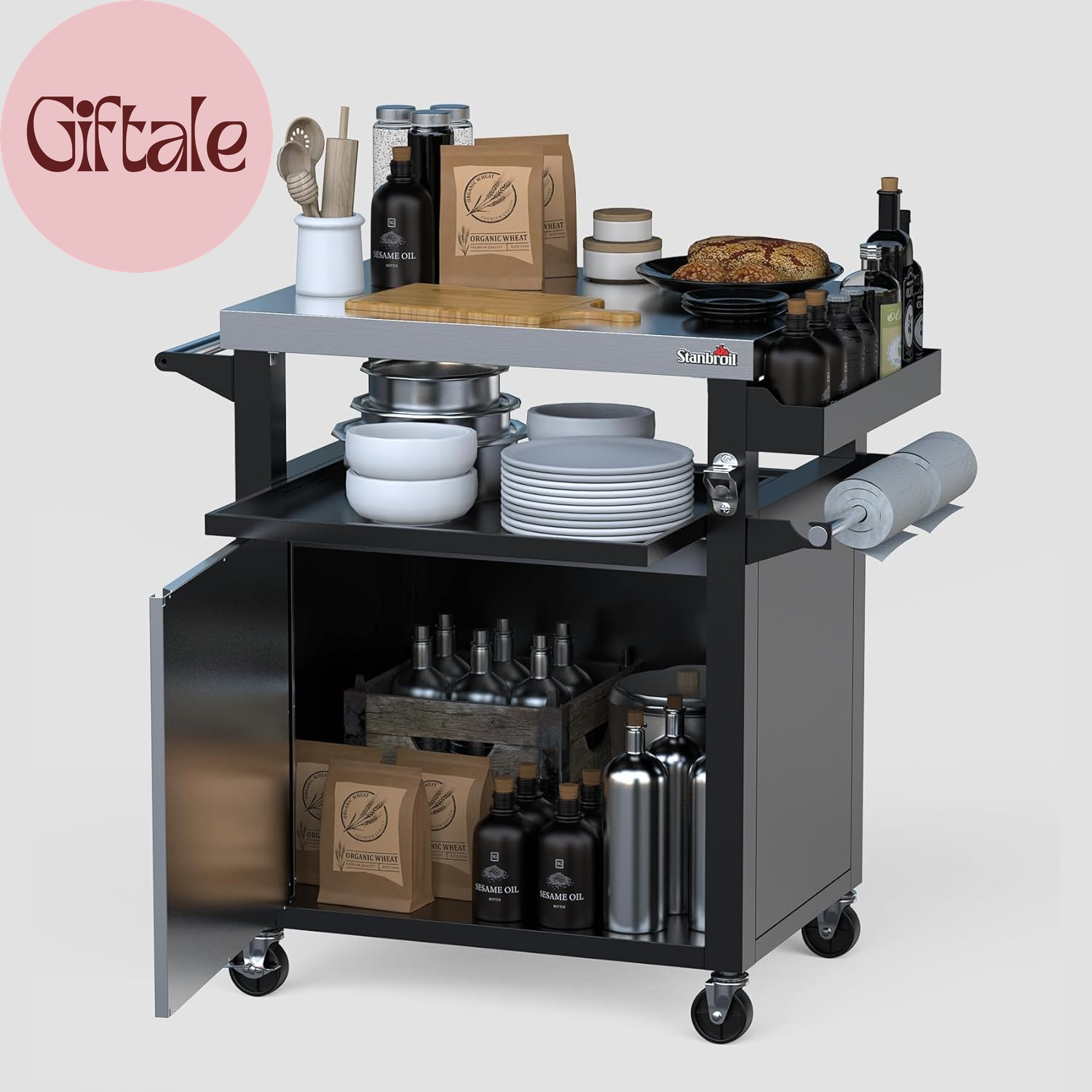 Rolling Grill Table Cart with Storage Cabinet, 3-Shelf Movable Prep Table Outdoo