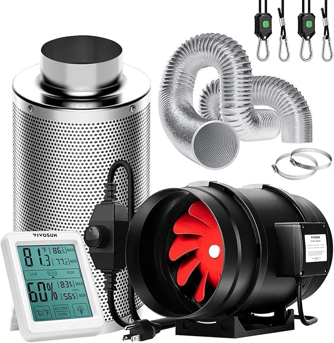VIVOSUN 8" 720CFM Inline Fan Kit Speed Controller+8" Carbon Filter+25ft Ducting