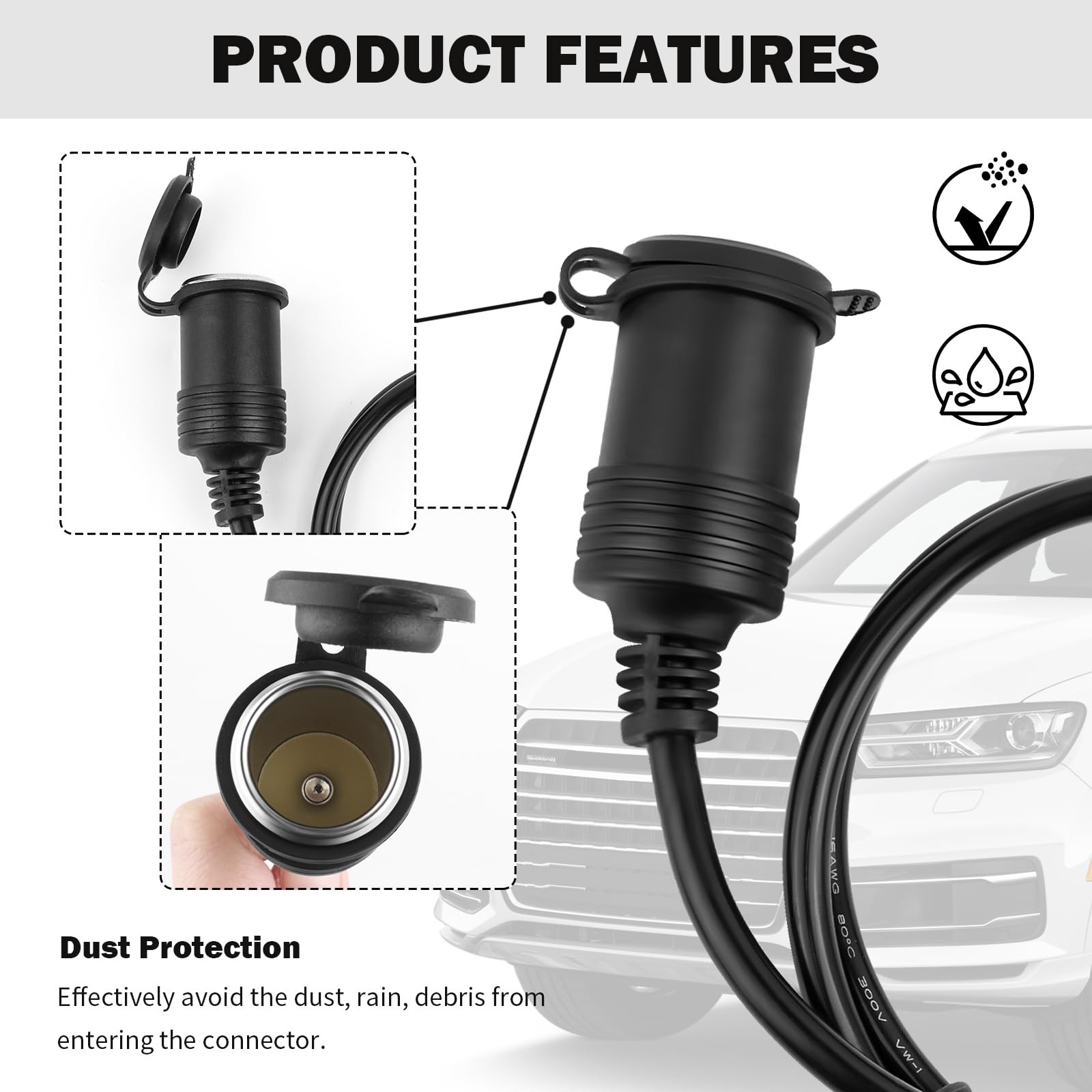 3Ft Cigarette Lighter Extension Cord,16 2.95 feet*1.93 inch*1.15 inch, black