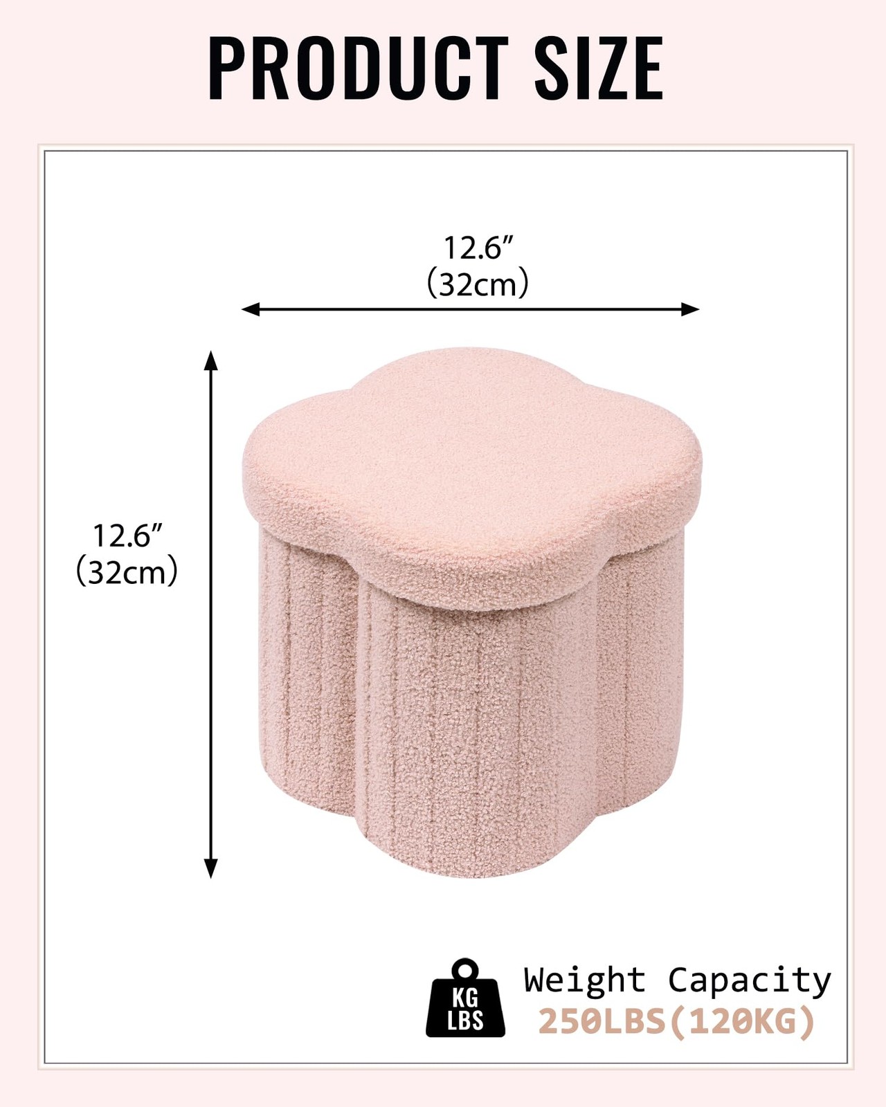 12.6 Inch Small Boucle Storage Ottoman Flower Shaped Teddy Footstool Pink