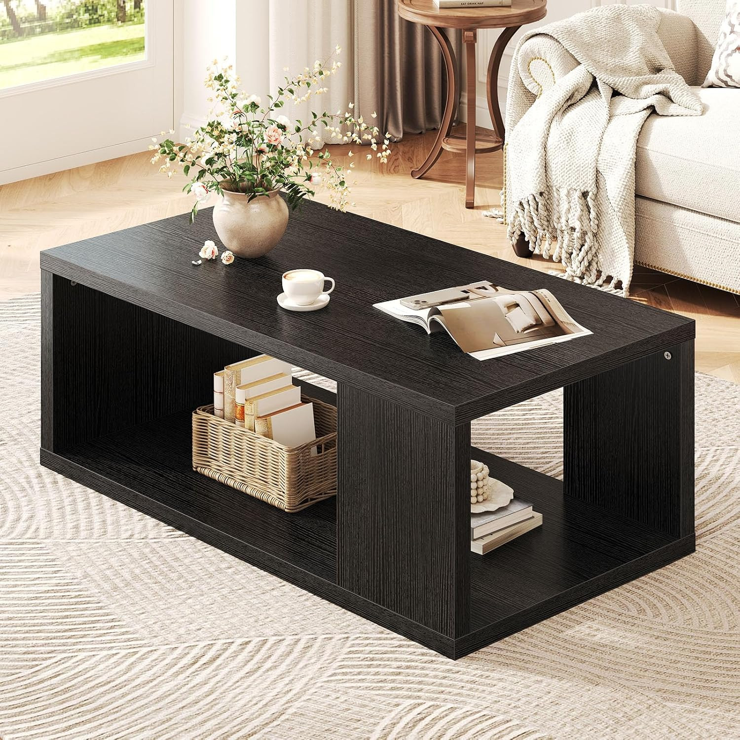 Black Coffee Table, Modern Wood Living Room Table with Storage, 39 in | Unique L