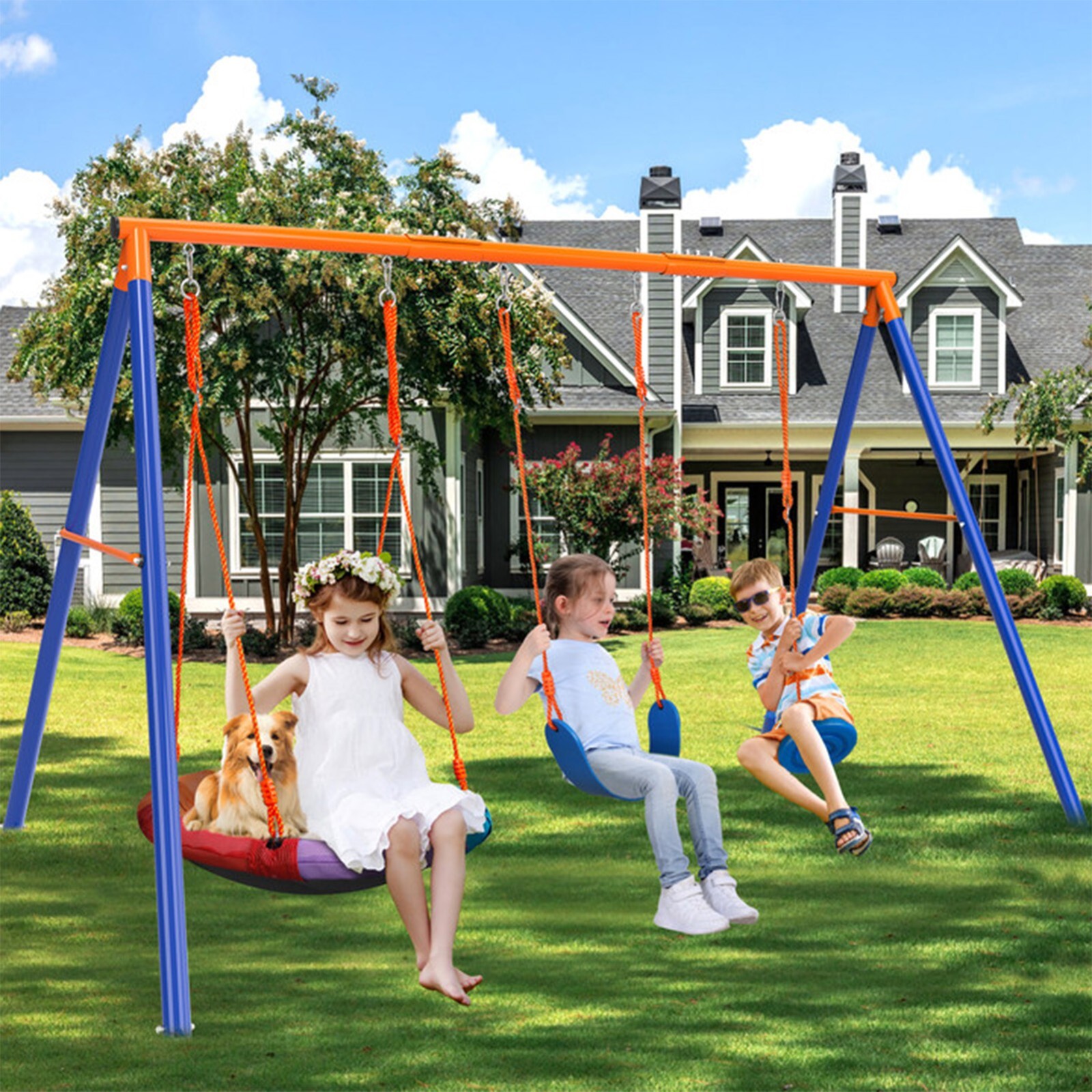 3-in-1 Swing Set 550 lbs with Heavy Duty Metal A-Frame Adjustable for Backyard