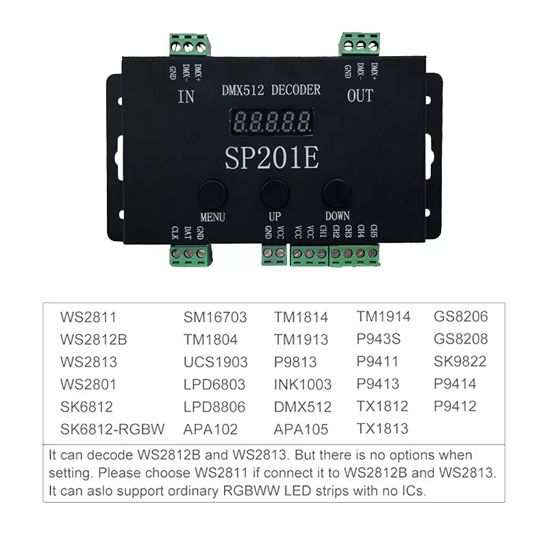 SP201E DMX512 DECODER DC 5-24V Converter Controller SPI Pixel LED 1024 Pixels
