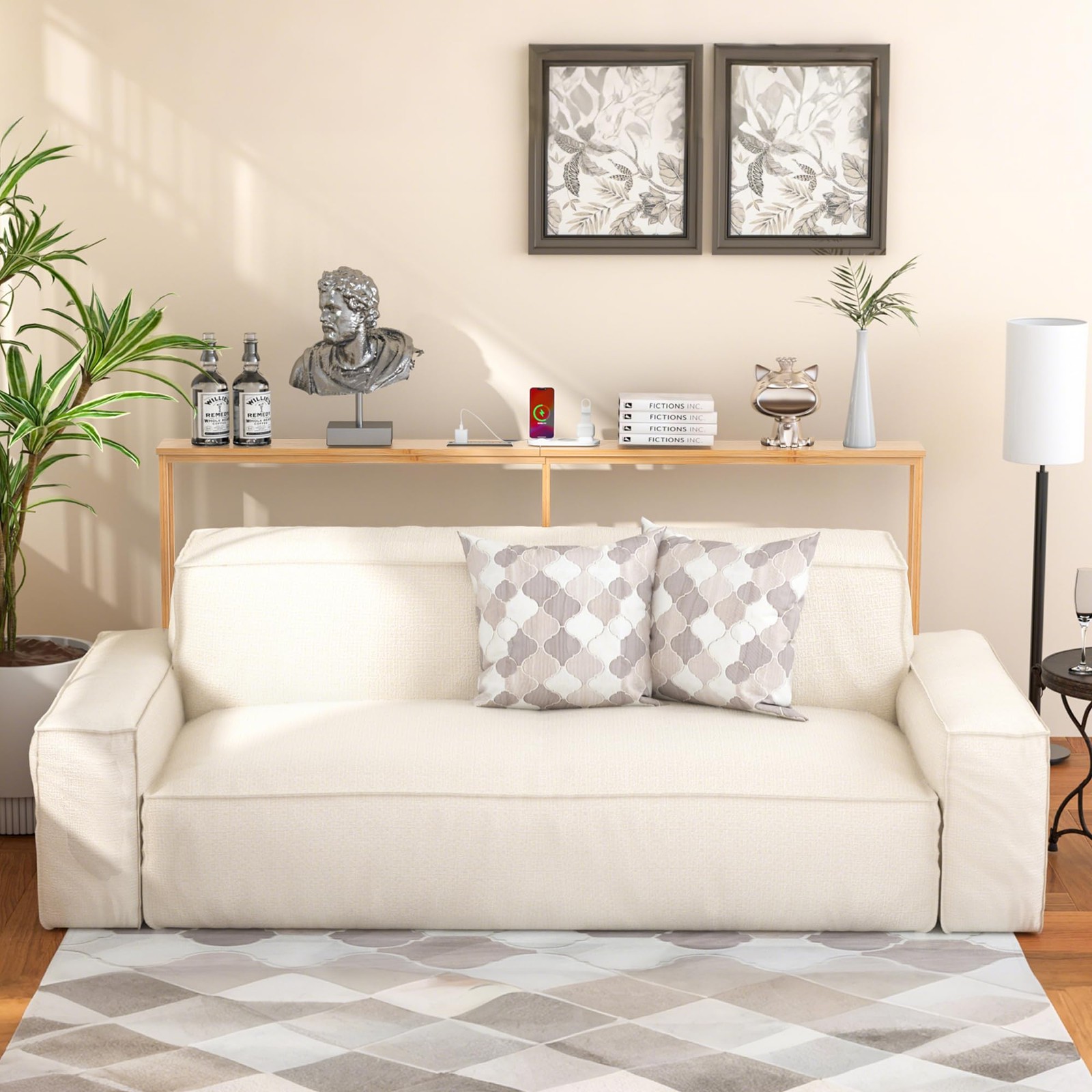 70.9 Inch Narrow Console Table with Outlet,Bamboo Behind Couch Sofa Table,Ski...