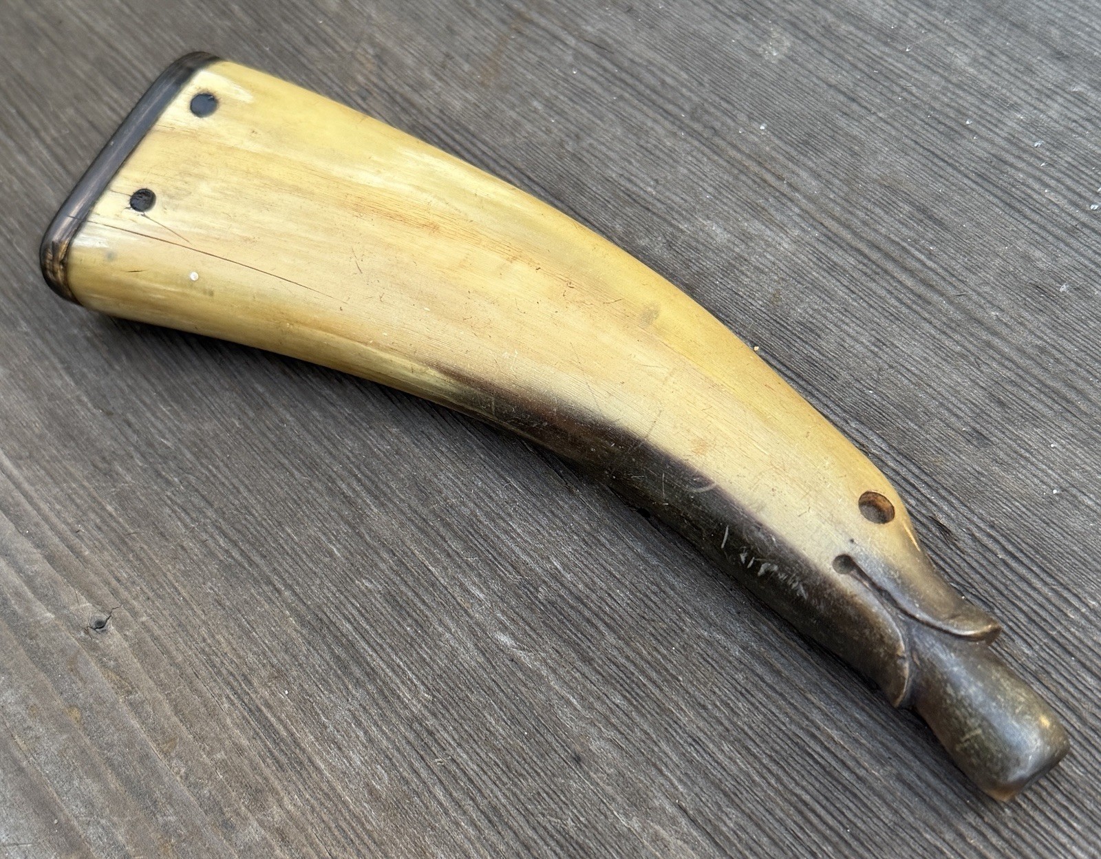 Antique 19th Century Carved Duck Head Black Powder Horn