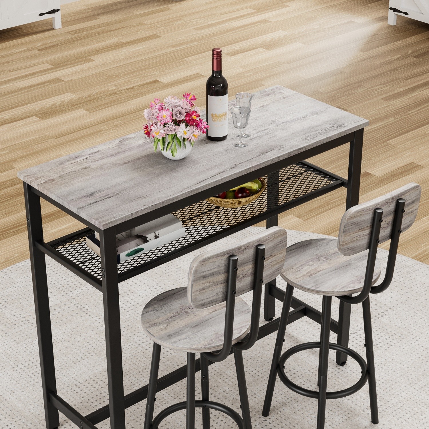 Modern 3 Piece Bar Table Set with 2 Bar Stools and Metal Frame & Storage Rack