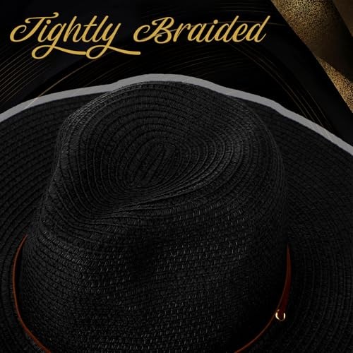 Women Straw Sun Panama Hats for Women Sun Wide Brim Straw Hat Fedora Black