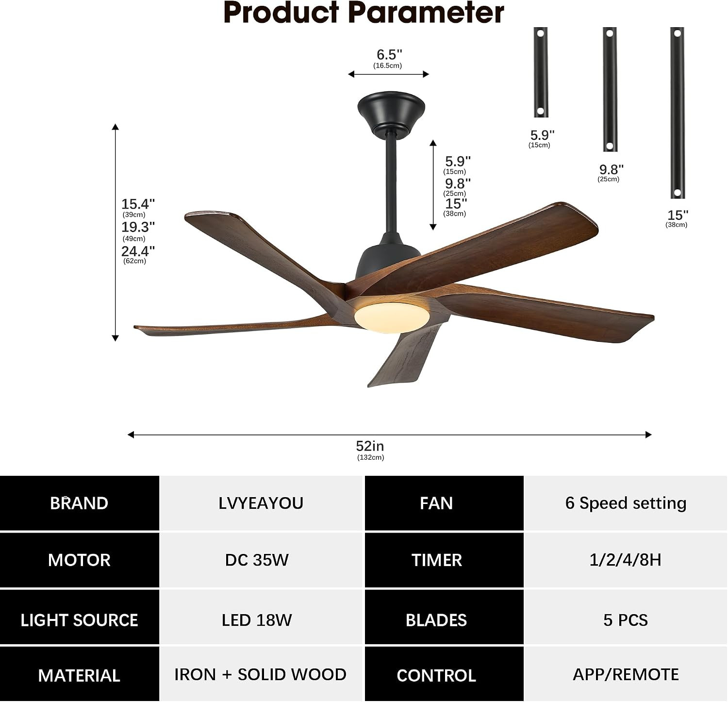 52" Solid Wood Ceiling Fan with Light, (Dark Walnut) | 6-Speed Reversible Quiet