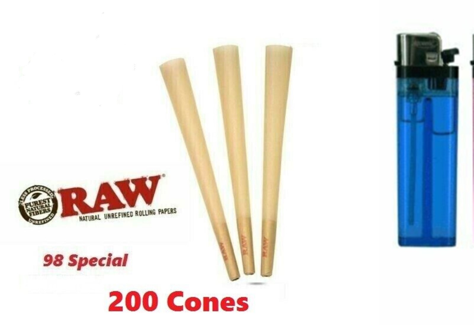 Authentic Raw Classic Special 98mm pre rolled Cone W/Filter tip 200 CT + LIGHTER